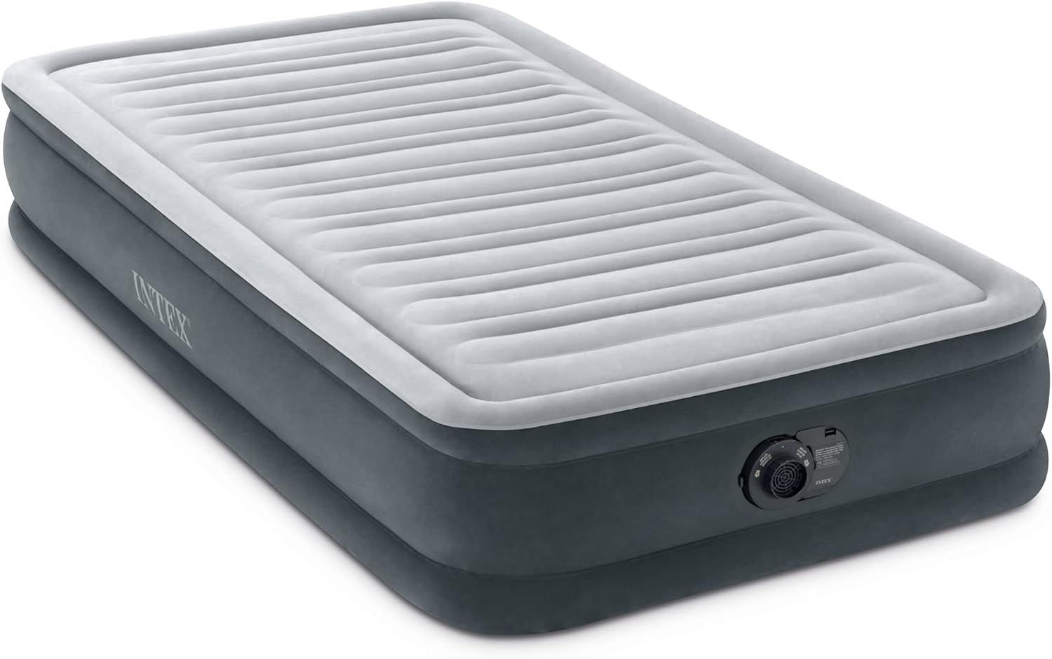 Displays the air mattress product clearly on a white background to show its design, color, and built-in pump feature without distractions.