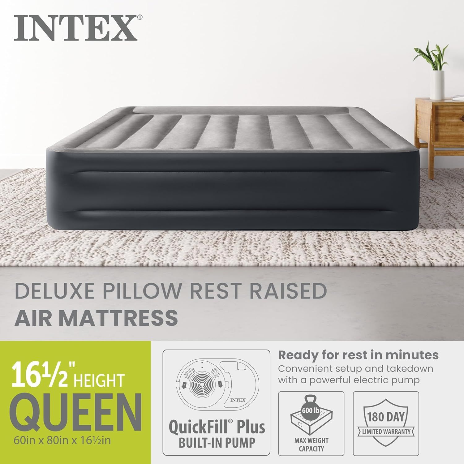 Communicates multiple key selling points of the air mattress including its raised height, quick setup with built-in pump, high weight capacity, and warranty…
