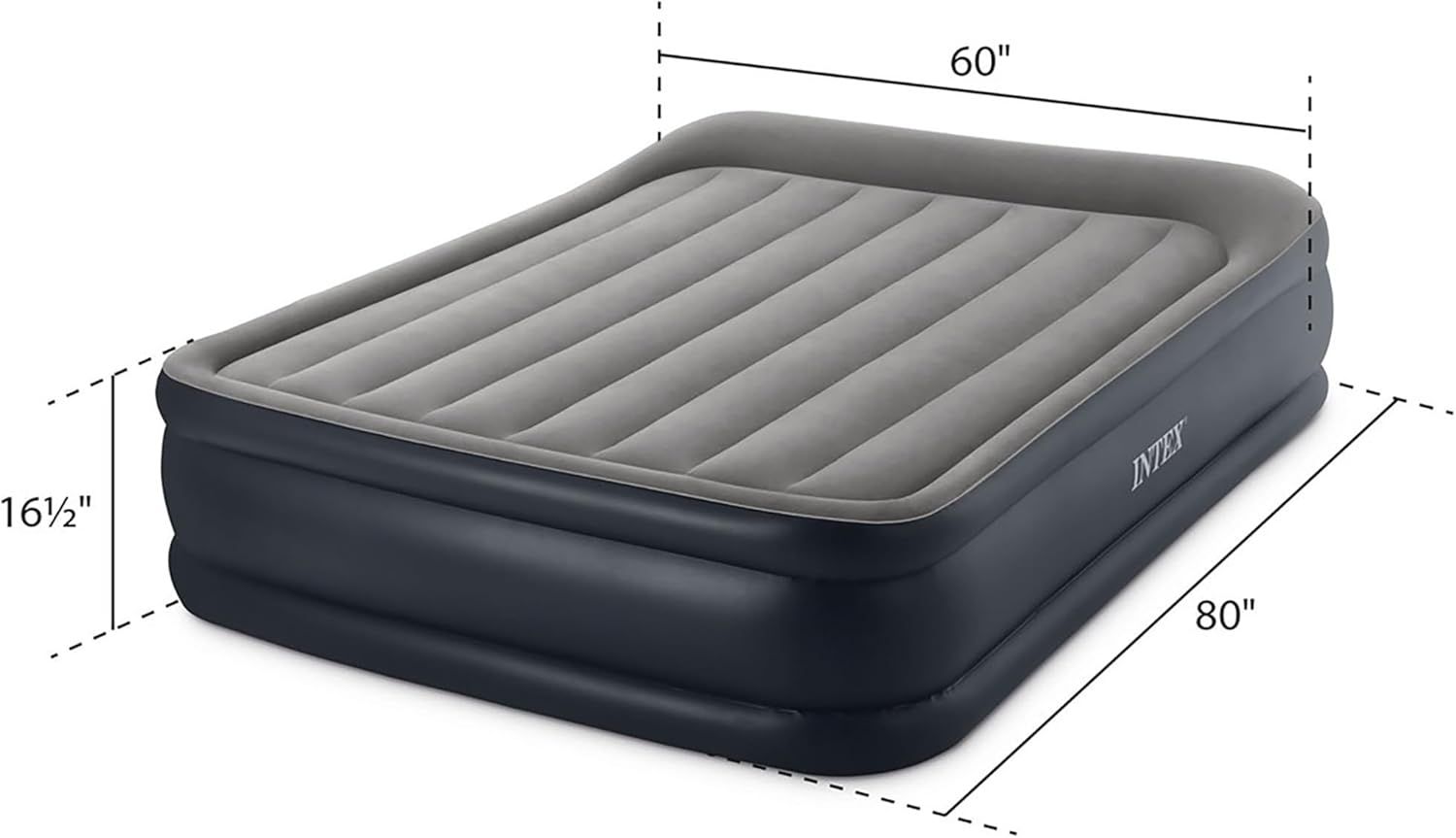 Communicates the exact physical dimensions of the air mattress (60" x 80" x 16½") to help shoppers understand if it will fit their space and needs.