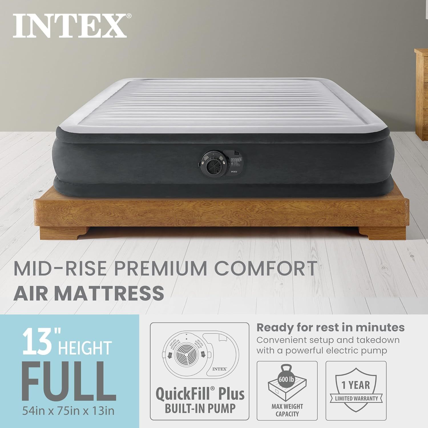 Communicates multiple key selling benefits of the air mattress including its full-size dimensions, convenient built-in pump for quick setup, high weight…