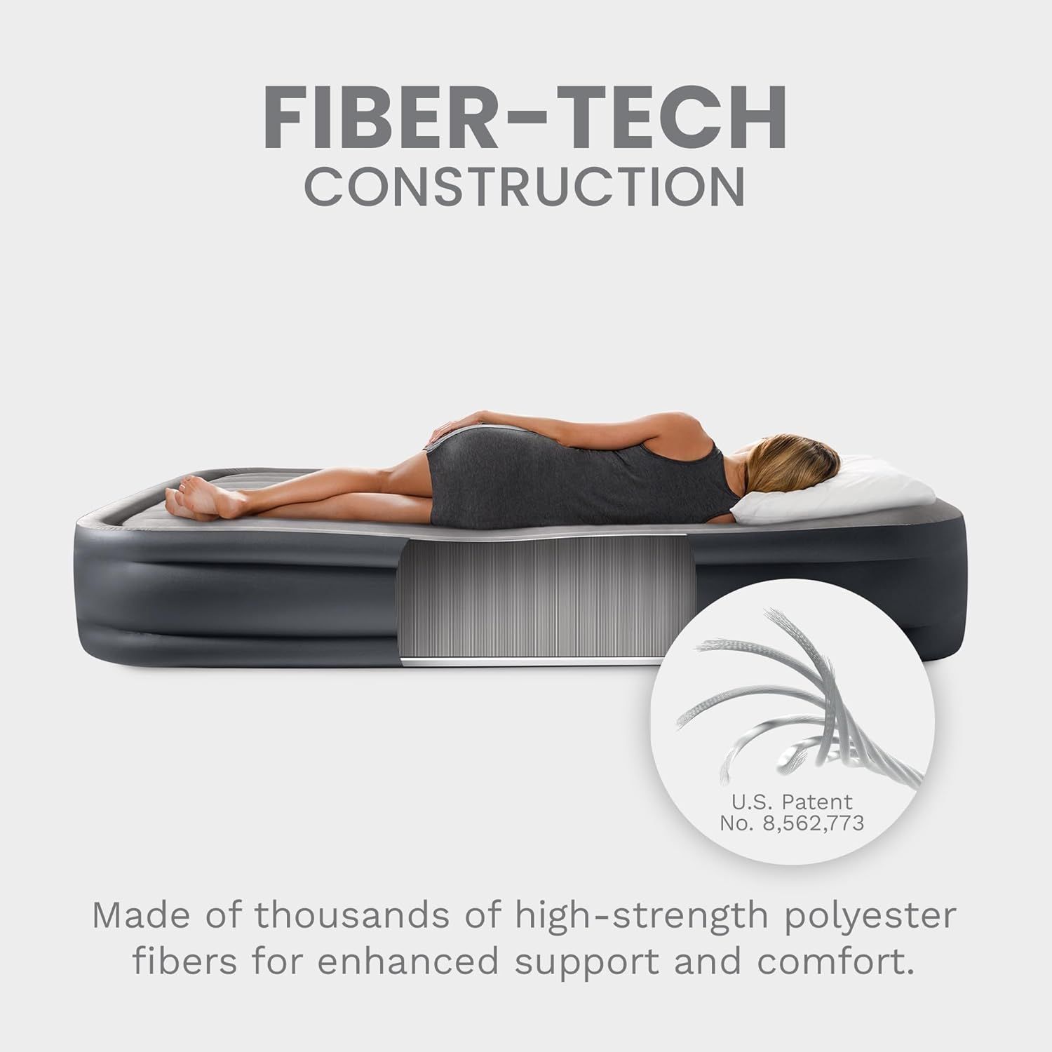 Highlights the internal fiber-tech construction of the air mattress to communicate superior support and durability through patented high-strength polyester…