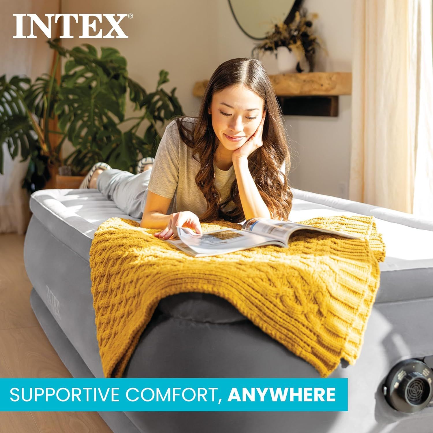 Demonstrates the product in a real-world home setting to show how the air mattress provides comfortable, supportive relaxation for everyday activities like…