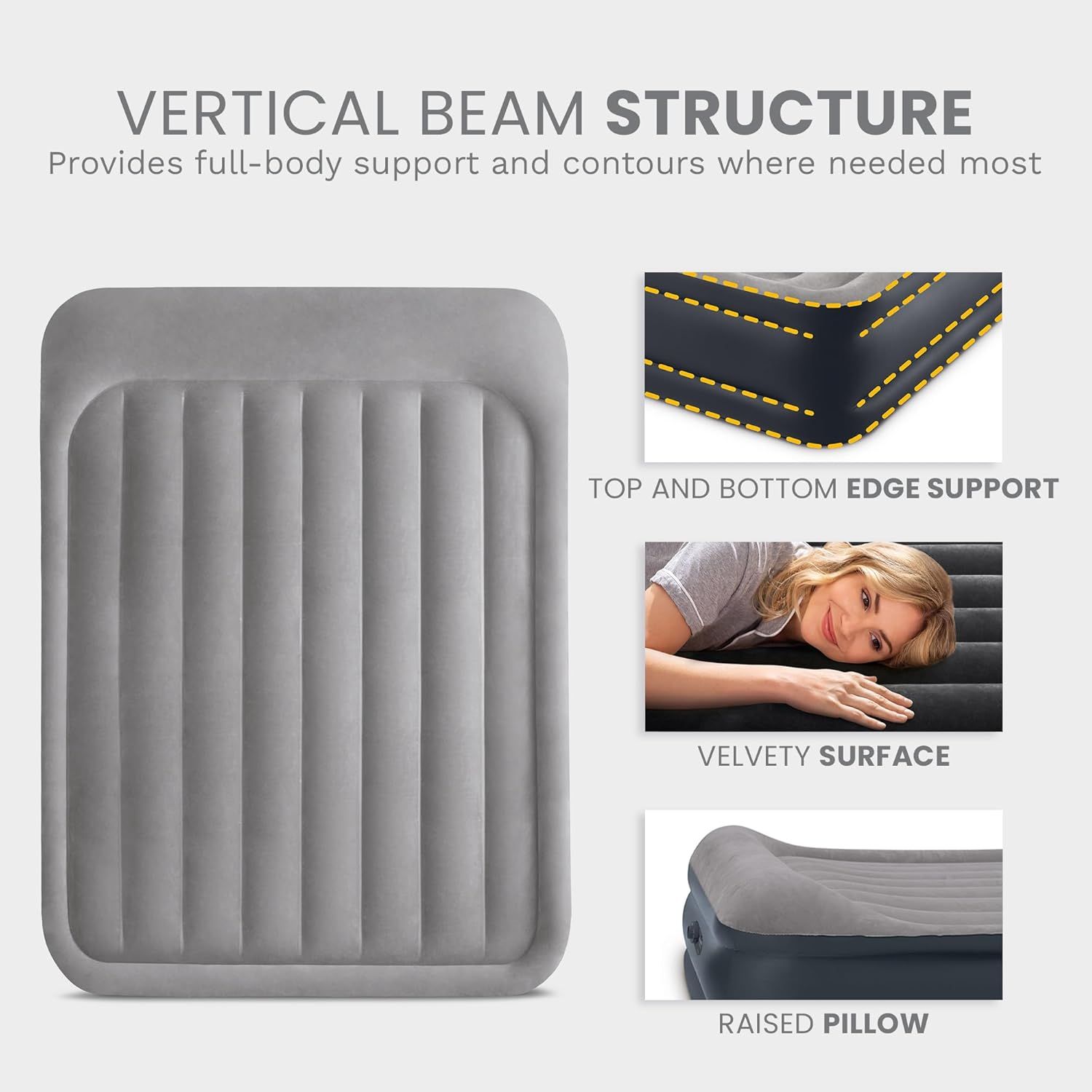 Communicates multiple distinct comfort and support features of the air mattress, including its structural design, edge support, soft surface, and integrated pillow to reassure shoppers of…
