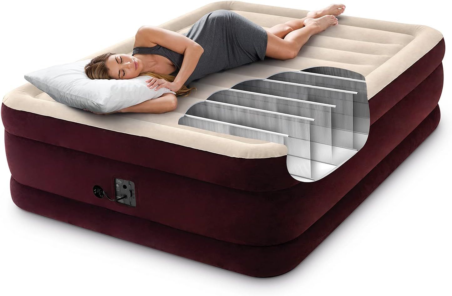 Demonstrates the internal construction and support system of the air mattress, showing the fiber-tech beam structure that provides stability and comfort to…