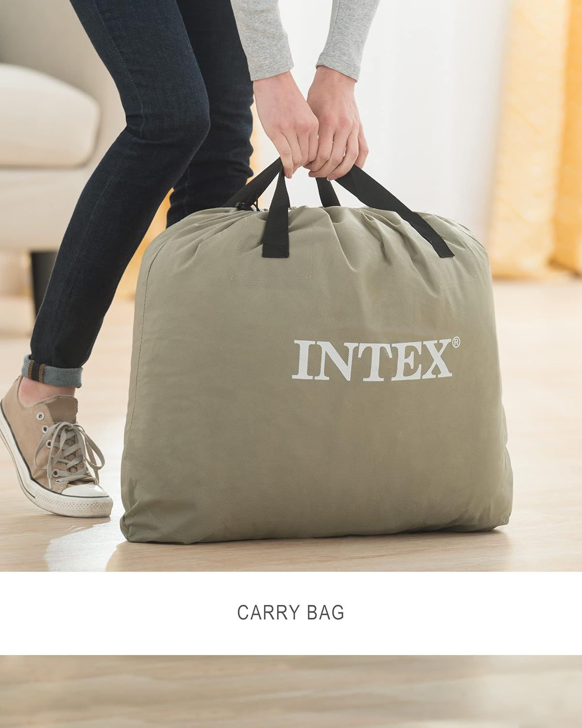 Demonstrates the product's portability and convenience by showing it packed in a compact carry bag with handles, reassuring shoppers that it's easy to transport and store.