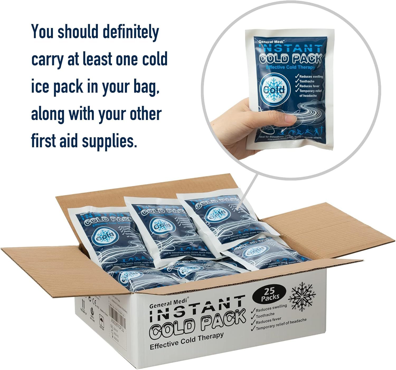 Demonstrates a practical use case for the cold pack by positioning it as an essential first aid supply, encouraging shoppers to consider it for emergency…