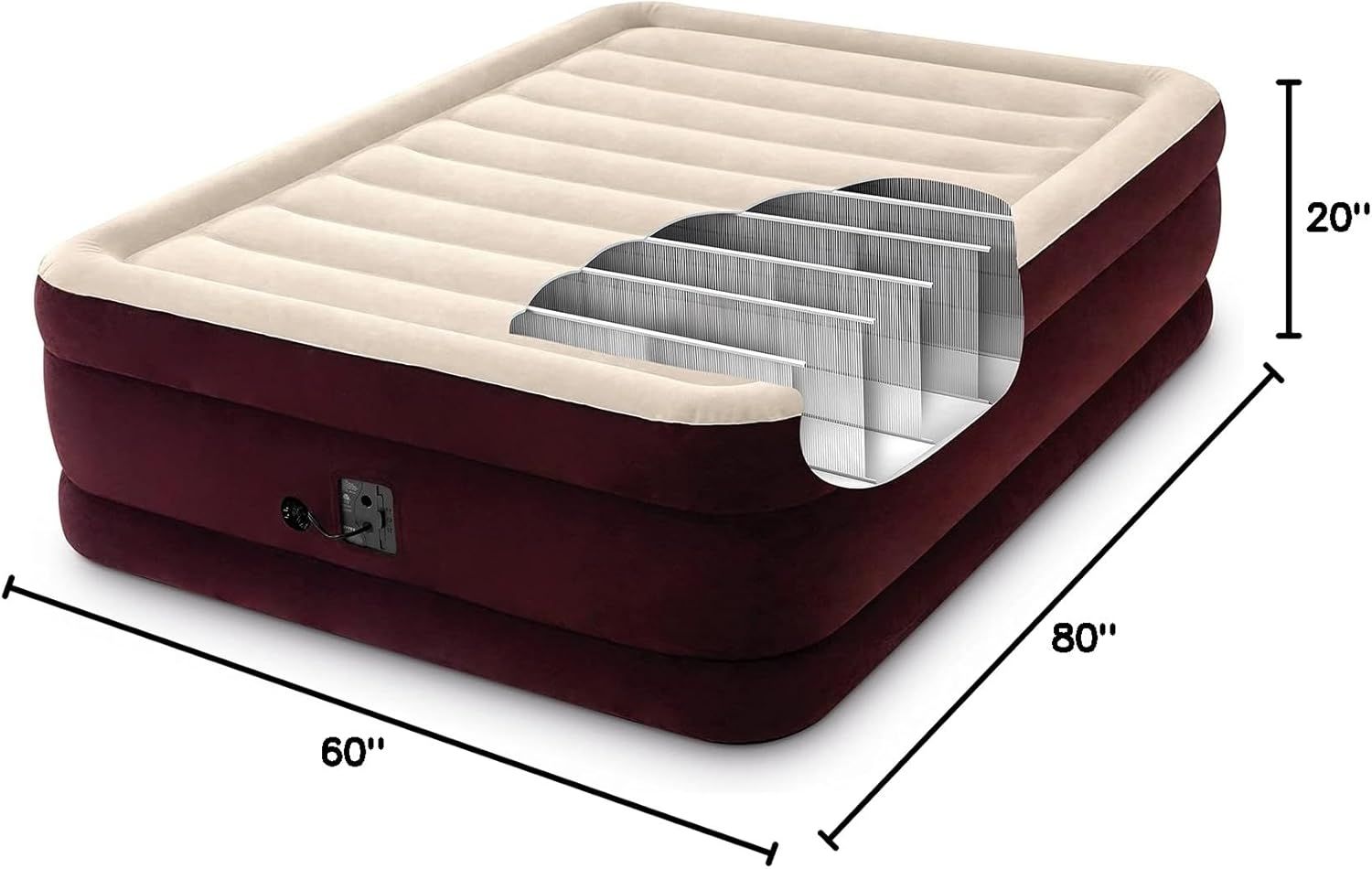 Communicates the exact physical dimensions of the air mattress (60 inches x 80 inches x 20 inches) to help shoppers understand the size and ensure it fits their space and needs. Reveals the internal…