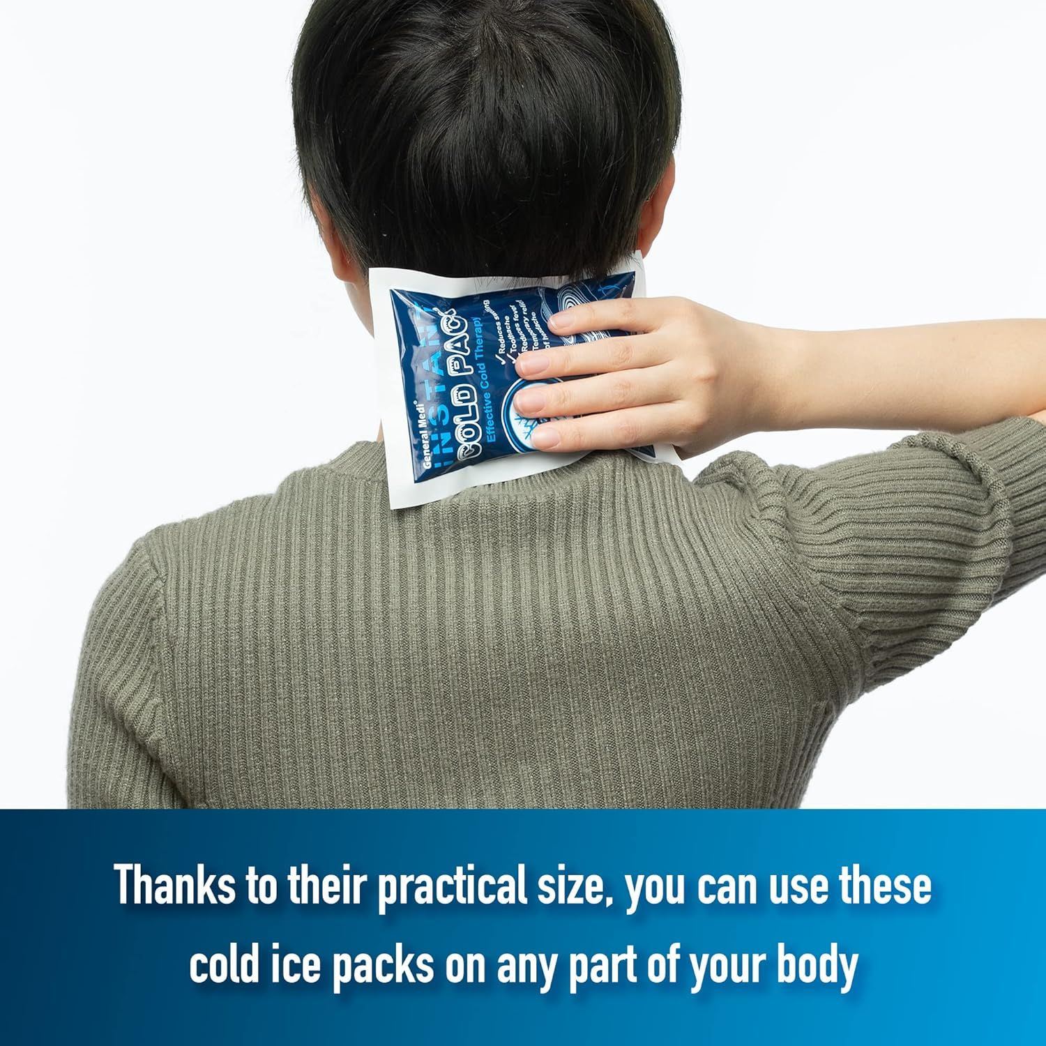 Demonstrates that the cold pack is practical and versatile enough to be used on any part of the body, reassuring shoppers of its flexibility for various pain…