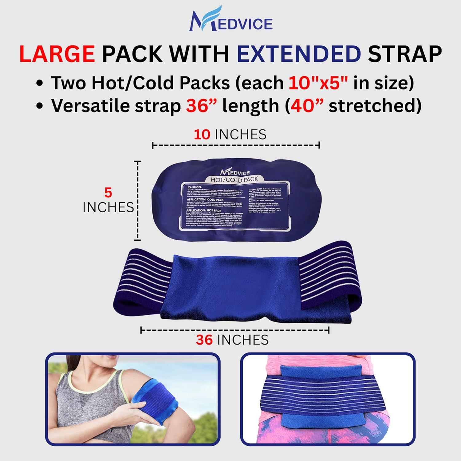 Communicates the exact physical dimensions of the hot/cold packs and strap length to help shoppers understand the product size and fit for their needs. Shows…