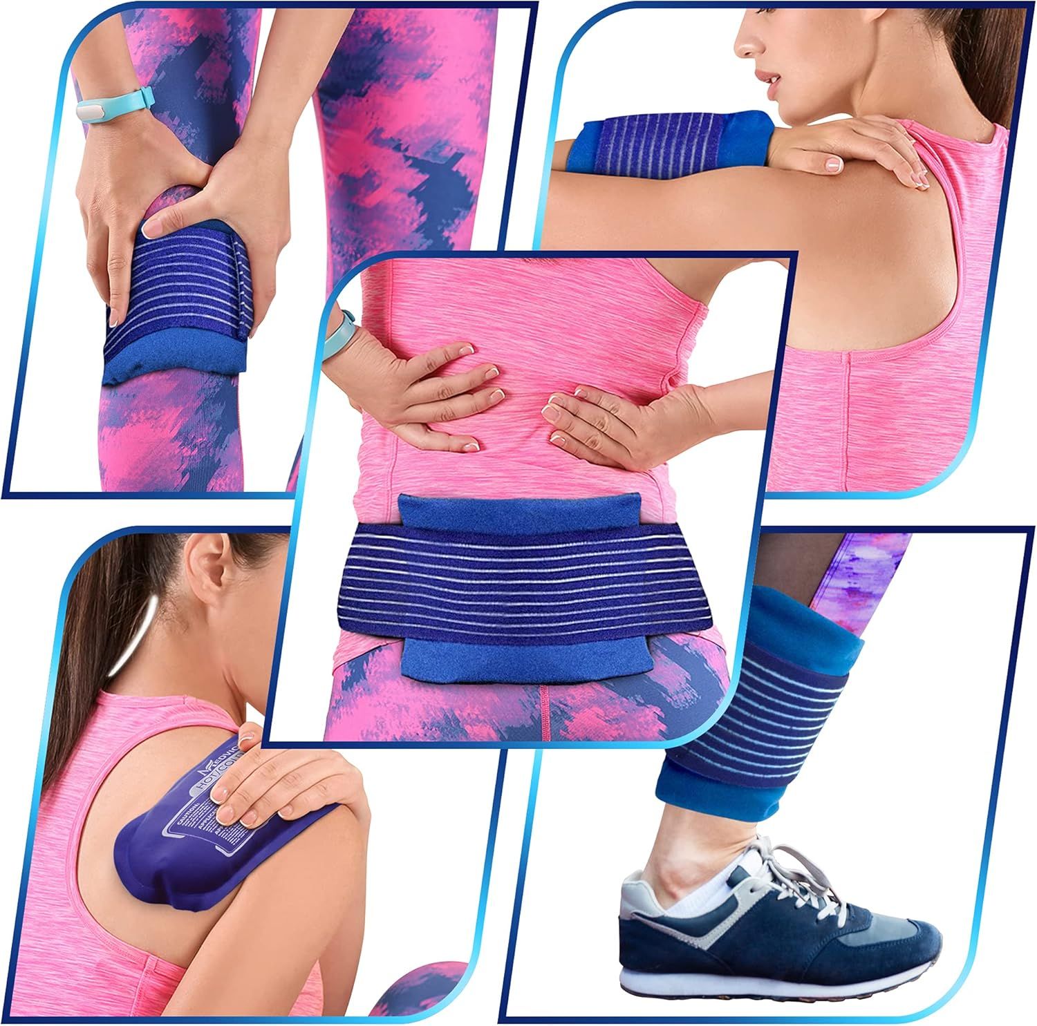 Demonstrates the product's versatility by showing it can be used on multiple body areas including wrist, back, shoulder, abdomen, and ankle, reassuring…