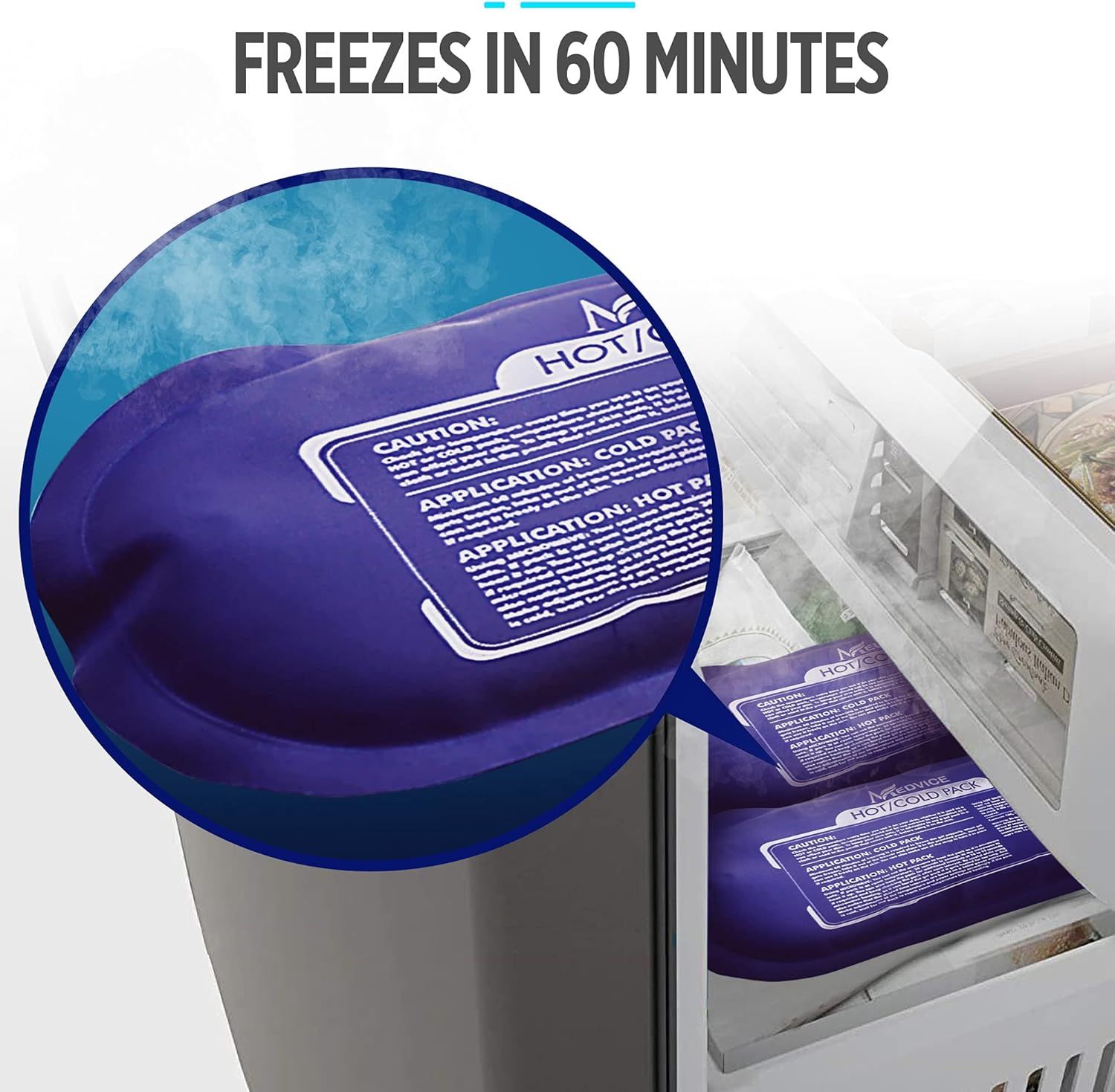 Communicates the product's quick freezing performance (60 minutes) to reassure shoppers of its efficiency and convenience. Highlights the key benefit of rapid…