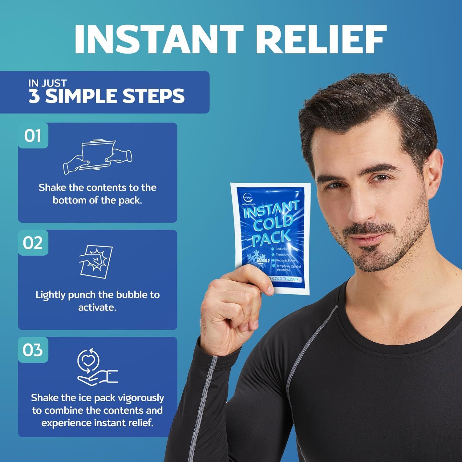 Demonstrates the simple 3-step process to activate and use the instant cold pack, reassuring shoppers that the product is easy to use and provides quick relief.