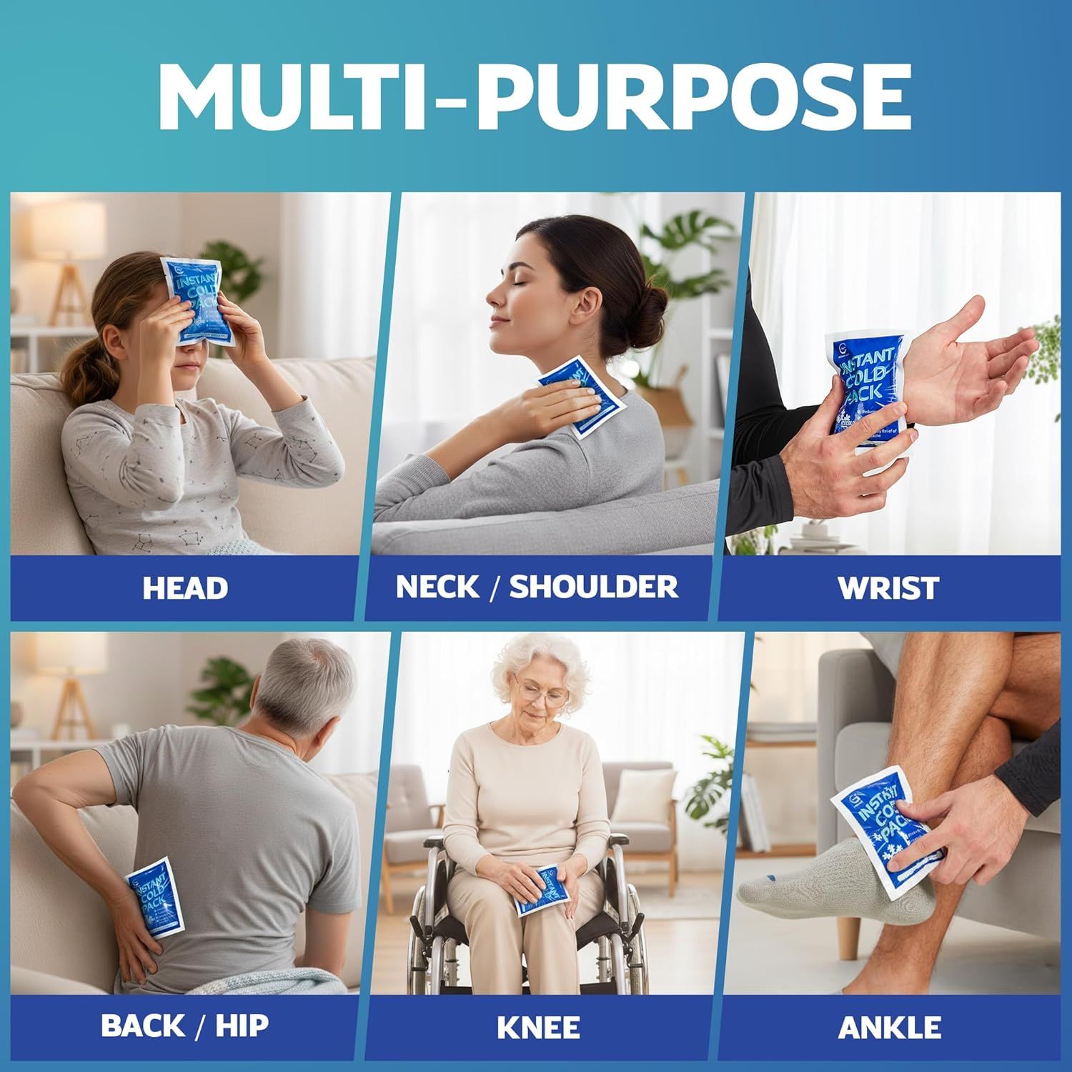 Demonstrates the product's versatility by showing it can be used on multiple body areas (head, neck, shoulder, wrist, back, hip, knee, ankle) to reassure…
