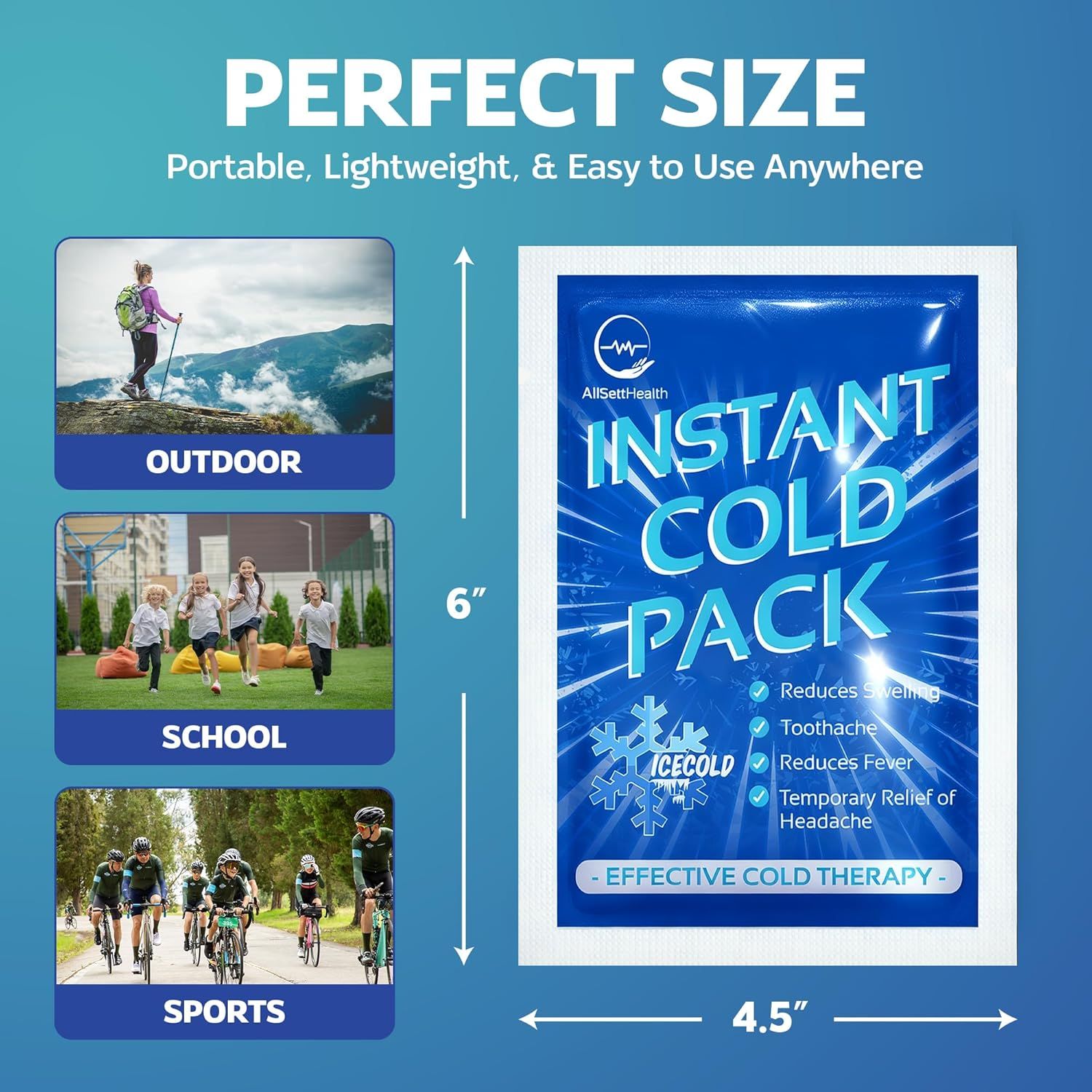 Communicates the physical dimensions (6 inches by 4.5 inches) of the cold pack to show shoppers it's compact and portable for use anywhere. Demonstrates the…