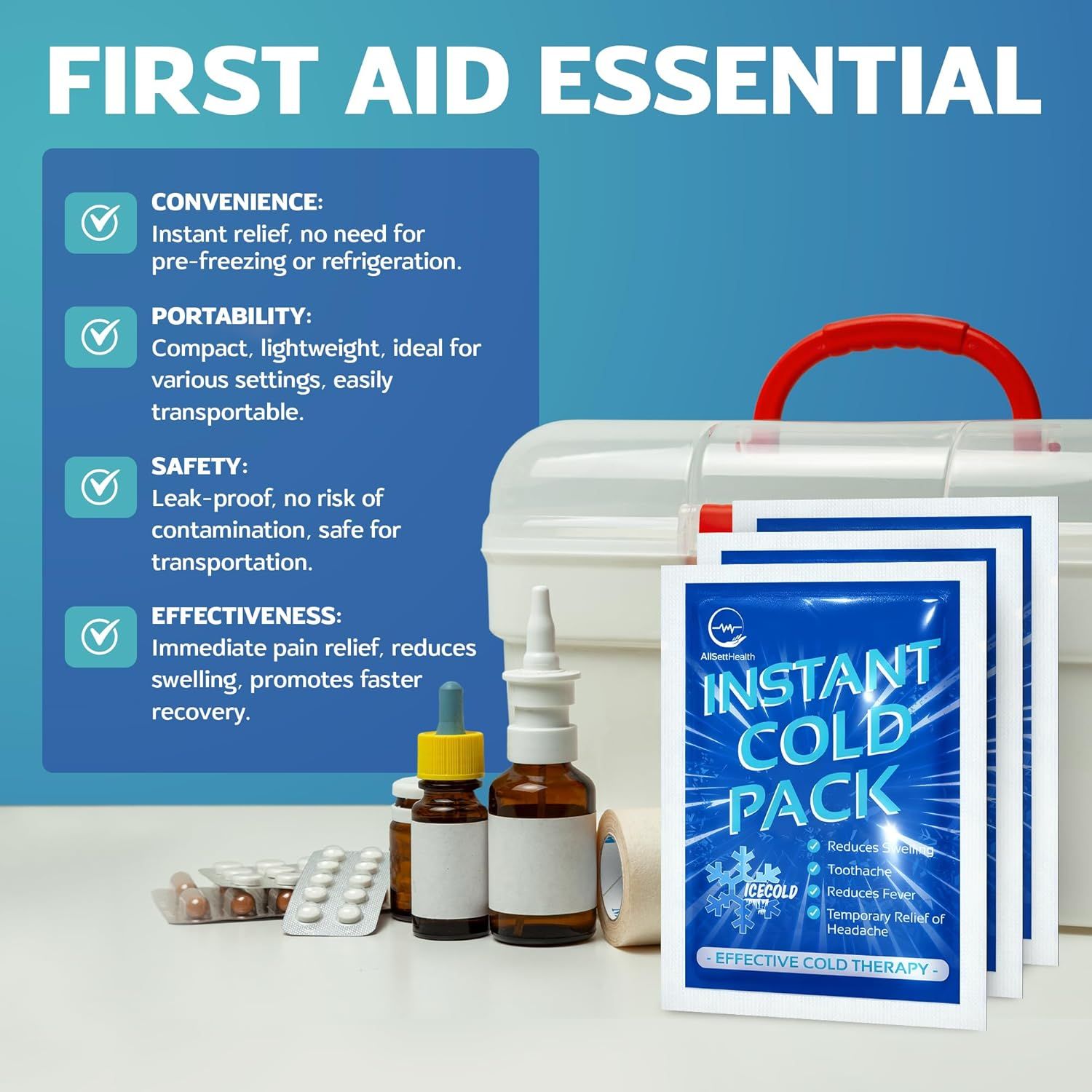 Communicates multiple distinct benefits of the instant cold pack product through a segmented layout with checkmark icons, highlighting convenience,…