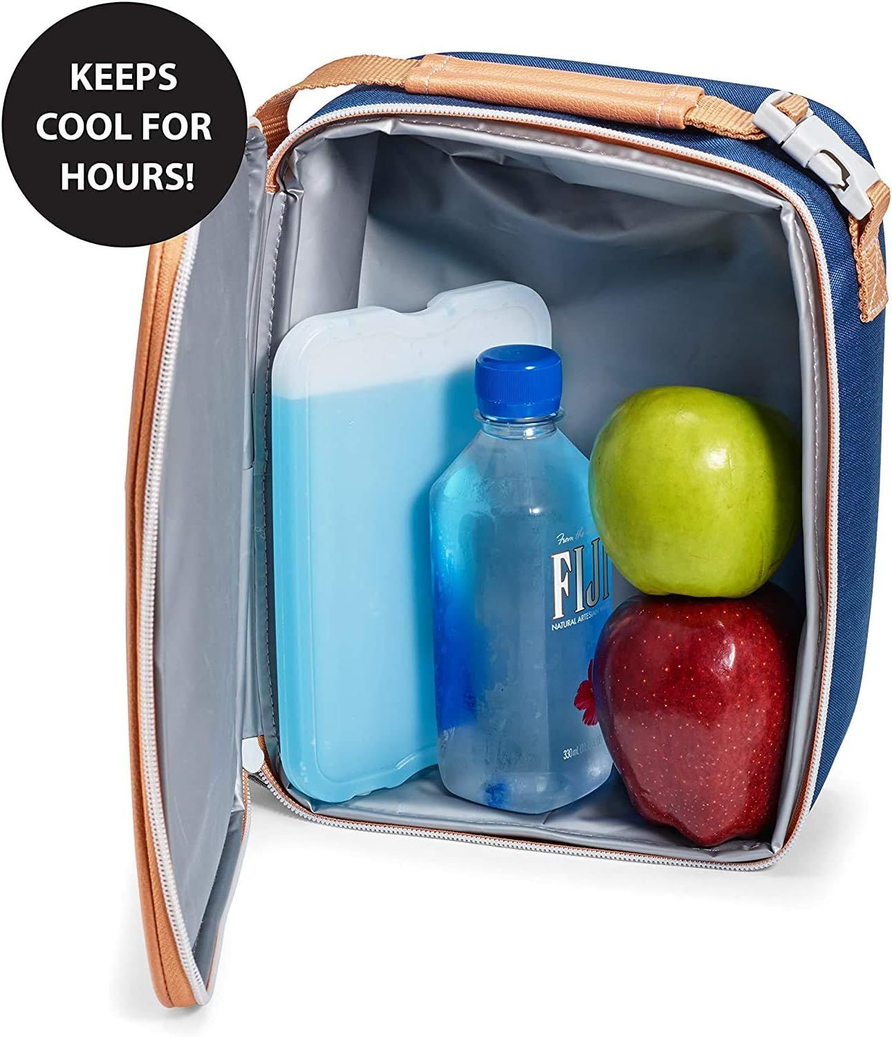 Communicates that the lunch bag keeps contents cool for extended periods, reassuring shoppers about food safety and freshness.