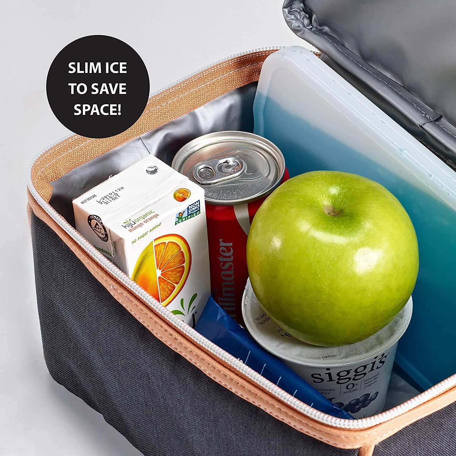 Communicates that the cooler bag uses slim ice packs to maximize interior space, allowing shoppers to fit more food and drinks efficiently.