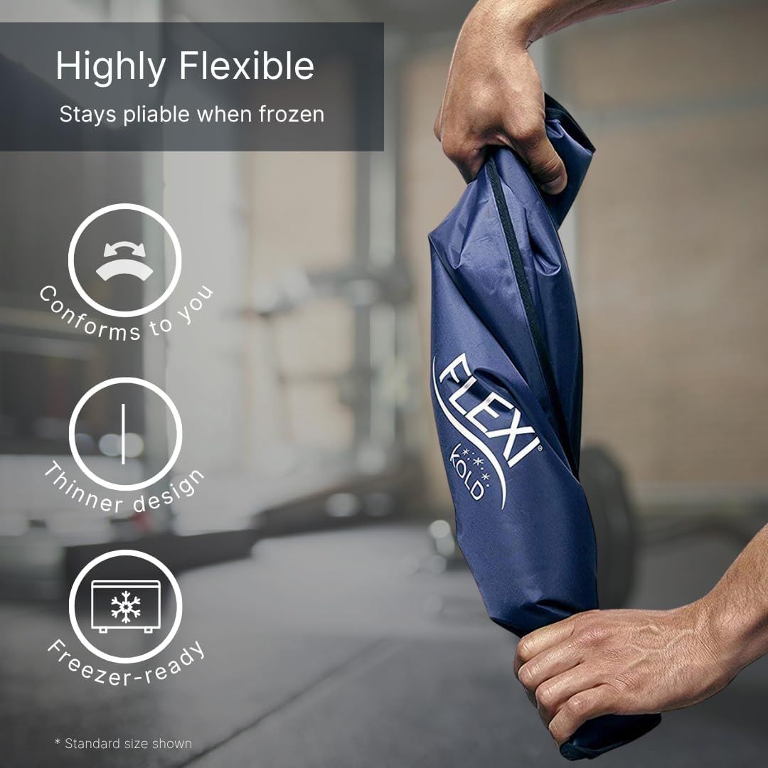 Communicates multiple distinct benefits of the ice pack through a segmented layout with icons, showing it stays flexible when frozen, conforms to body shape,…