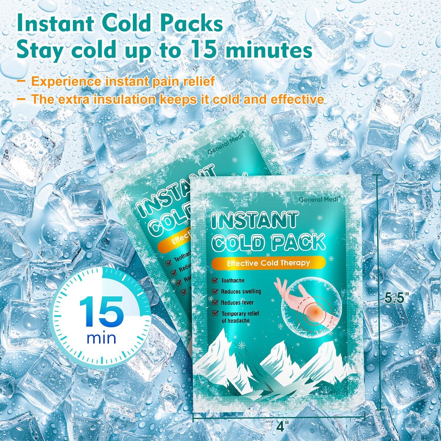 Communicates the product's performance metric of staying cold for up to 15 minutes, reassuring shoppers of its effectiveness for pain relief. Highlights…