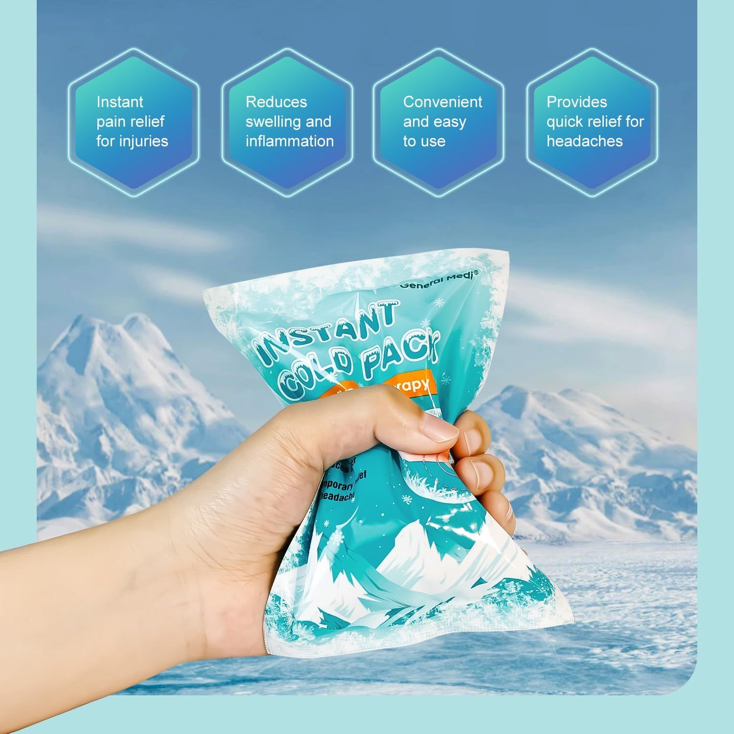 Communicates multiple distinct benefits of the instant cold pack in a segmented layout, showing shoppers the product's versatility for pain relief,…