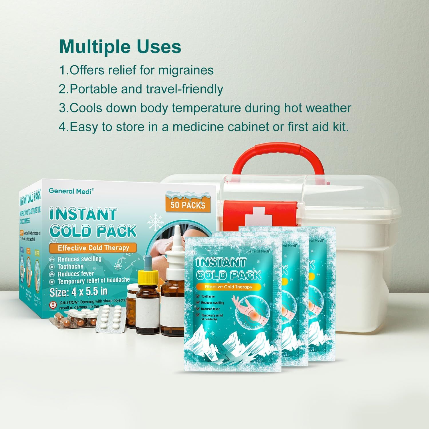 Demonstrates the versatility of the instant cold pack by showcasing four distinct use cases, reassuring shoppers that this product serves multiple practical…