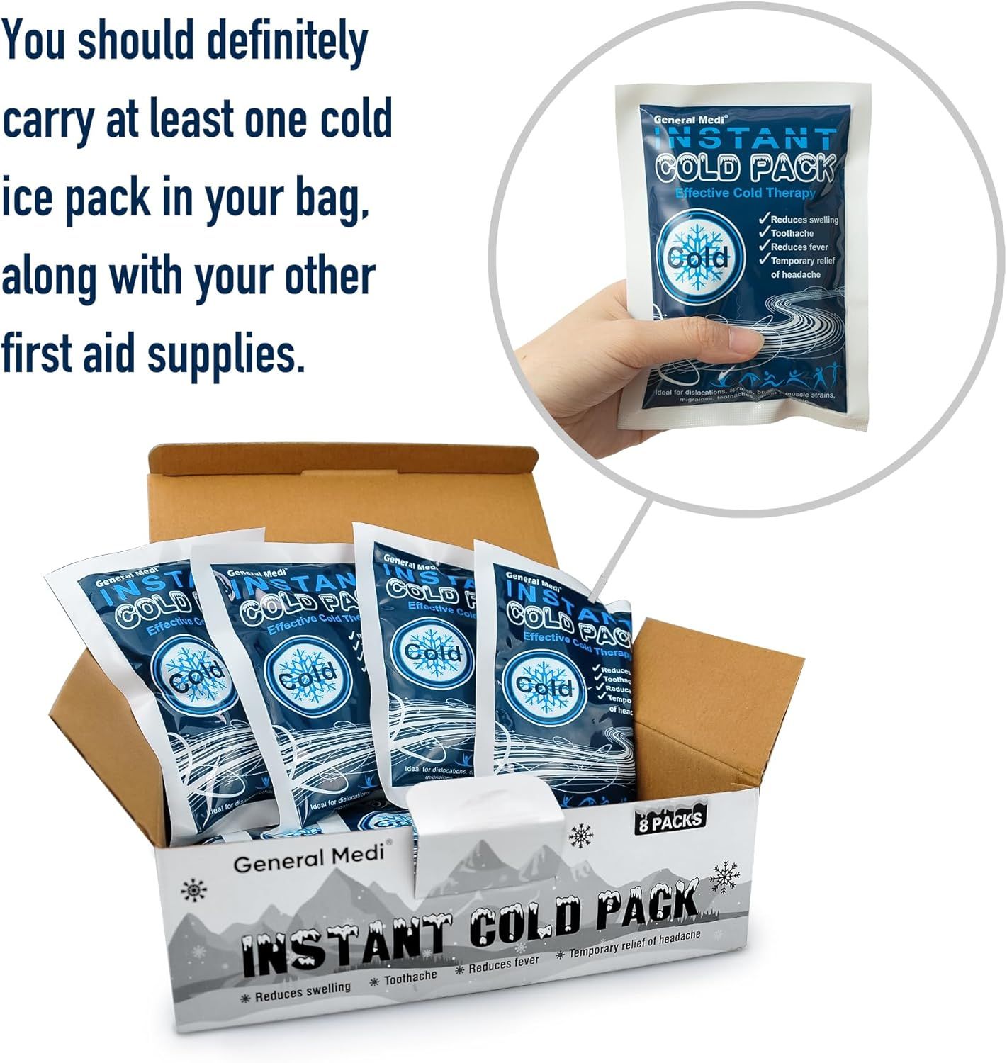 Demonstrates a practical use case for the instant cold pack by suggesting it should be carried in a bag with other first aid supplies for emergency…