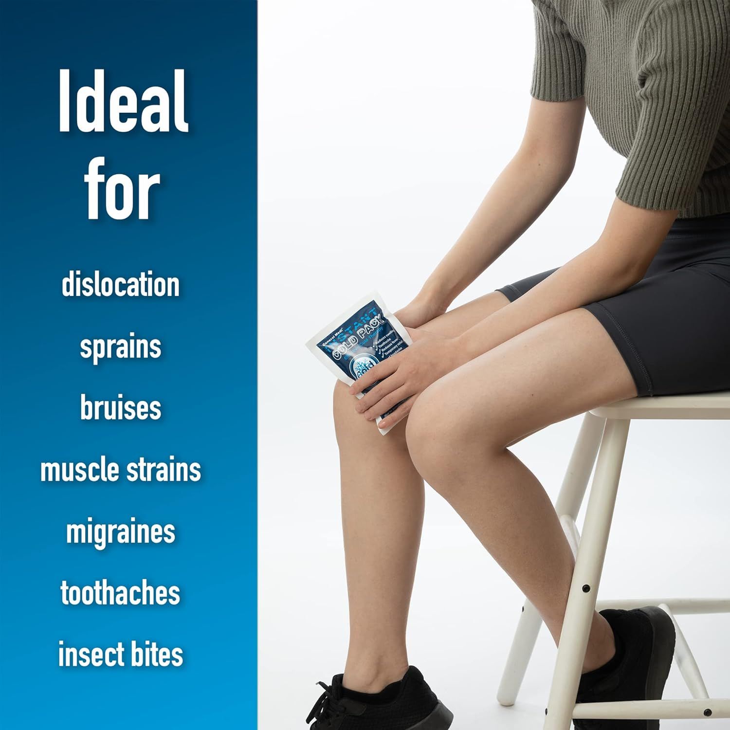 Demonstrates the versatility of the ice pack by showing it can be used for multiple types of pain and injuries, including dislocations, sprains, bruises,…