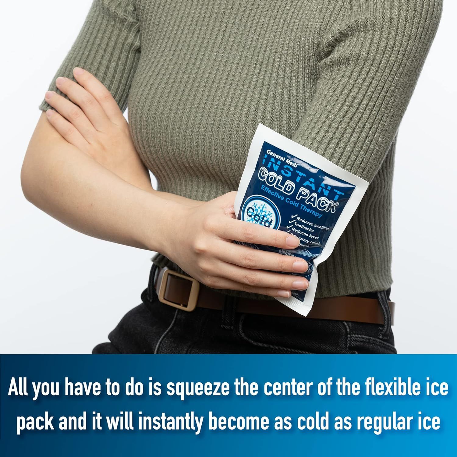 Demonstrates how simple it is to activate the cold pack by squeezing the center, reassuring shoppers that the product is easy to use and requires no…