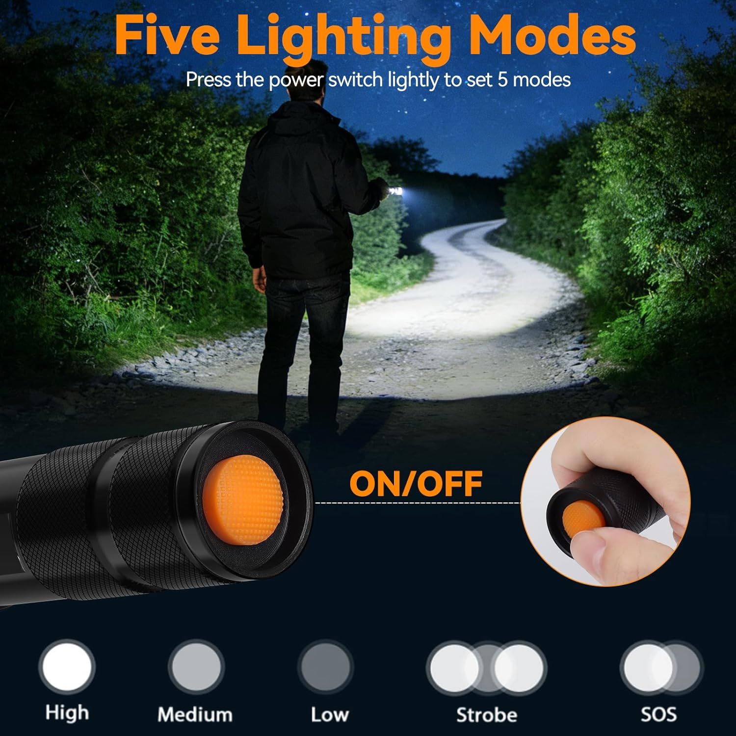 Communicates the flashlight's versatility with five different lighting modes (High, Medium, Low, Strobe, SOS) and demonstrates how to operate them via the power switch, reassuring shoppers of the…
