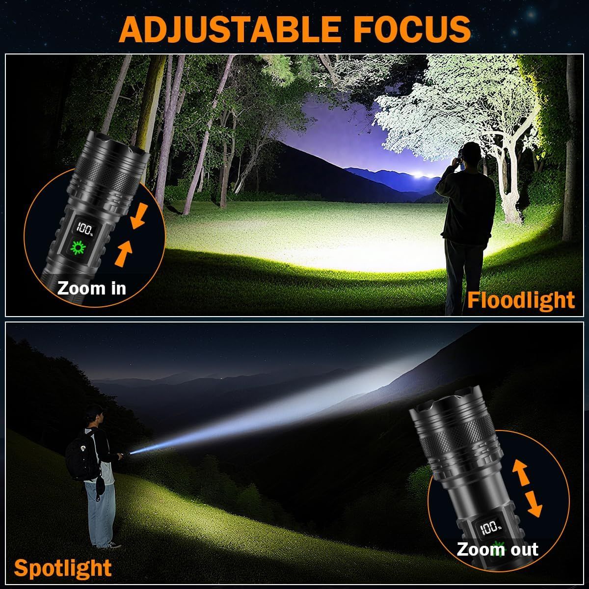 Demonstrates the flashlight's adjustable focus capability, showing how it can zoom in for a wide floodlight beam or zoom out for a concentrated spotlight…