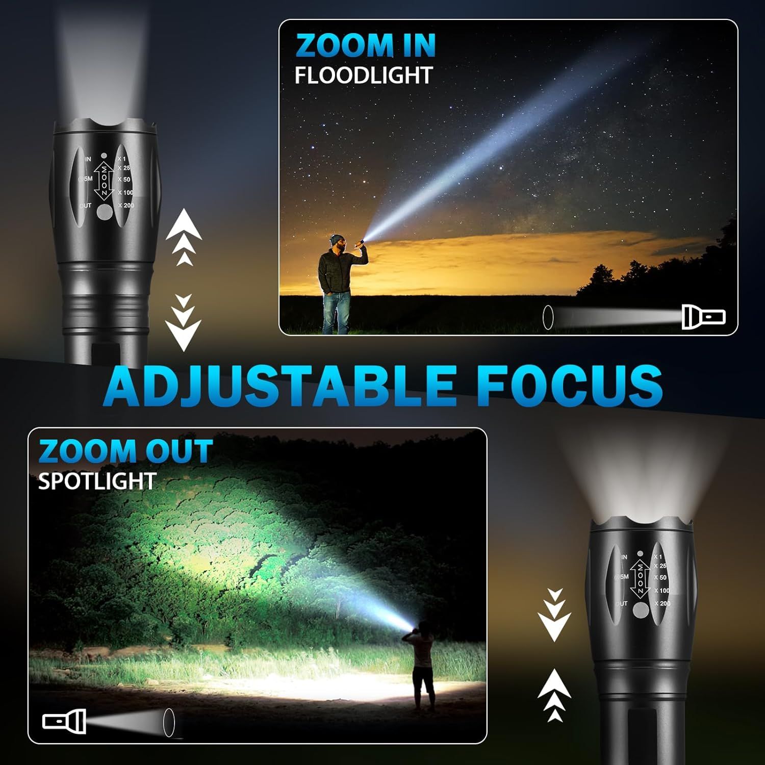 Demonstrates the flashlight's adjustable focus capability, showing how it can zoom between a wide floodlight beam and a concentrated spotlight beam to…