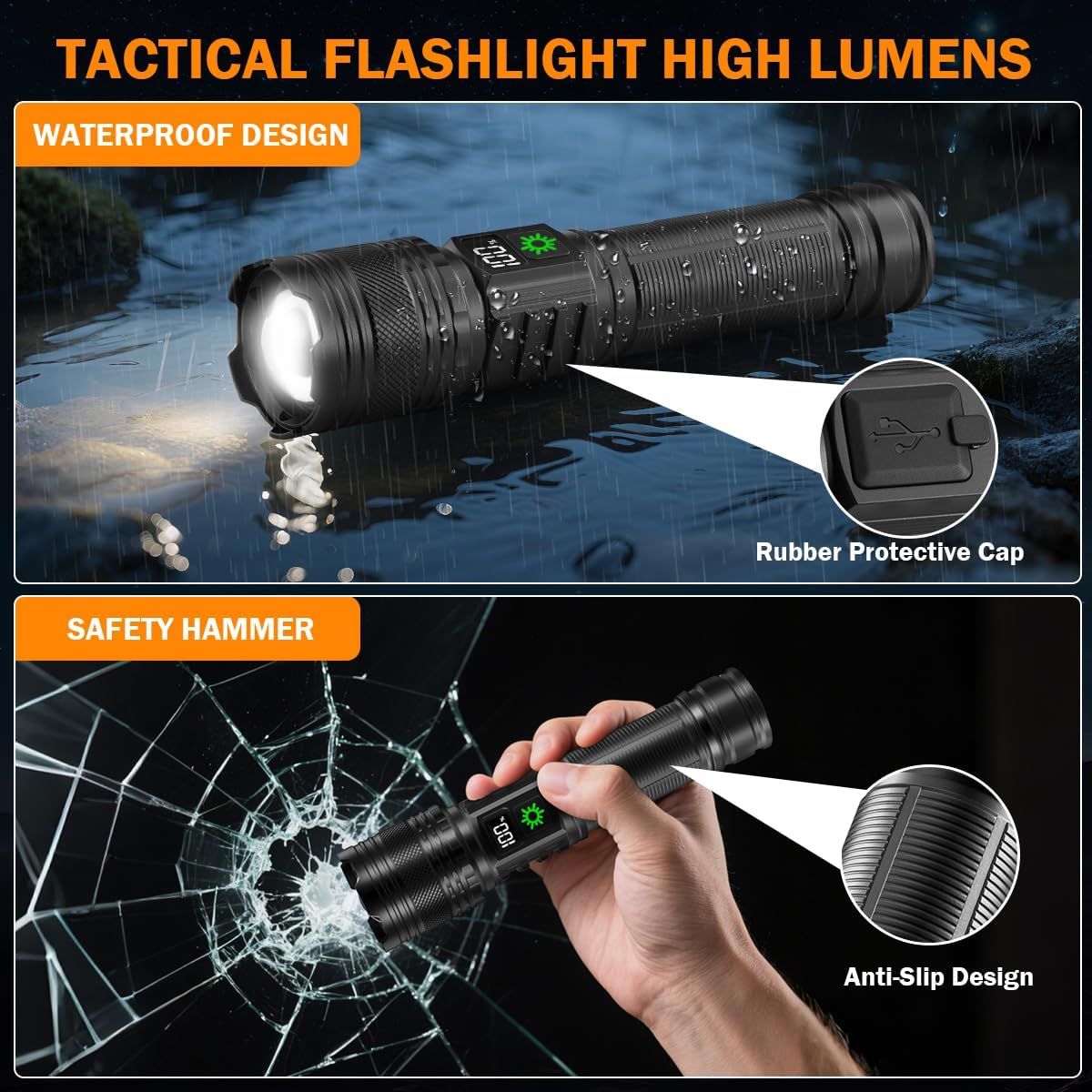 Showcases multiple distinct features of the tactical flashlight including waterproof capability, safety hammer function, protective cap, and anti-slip grip to…