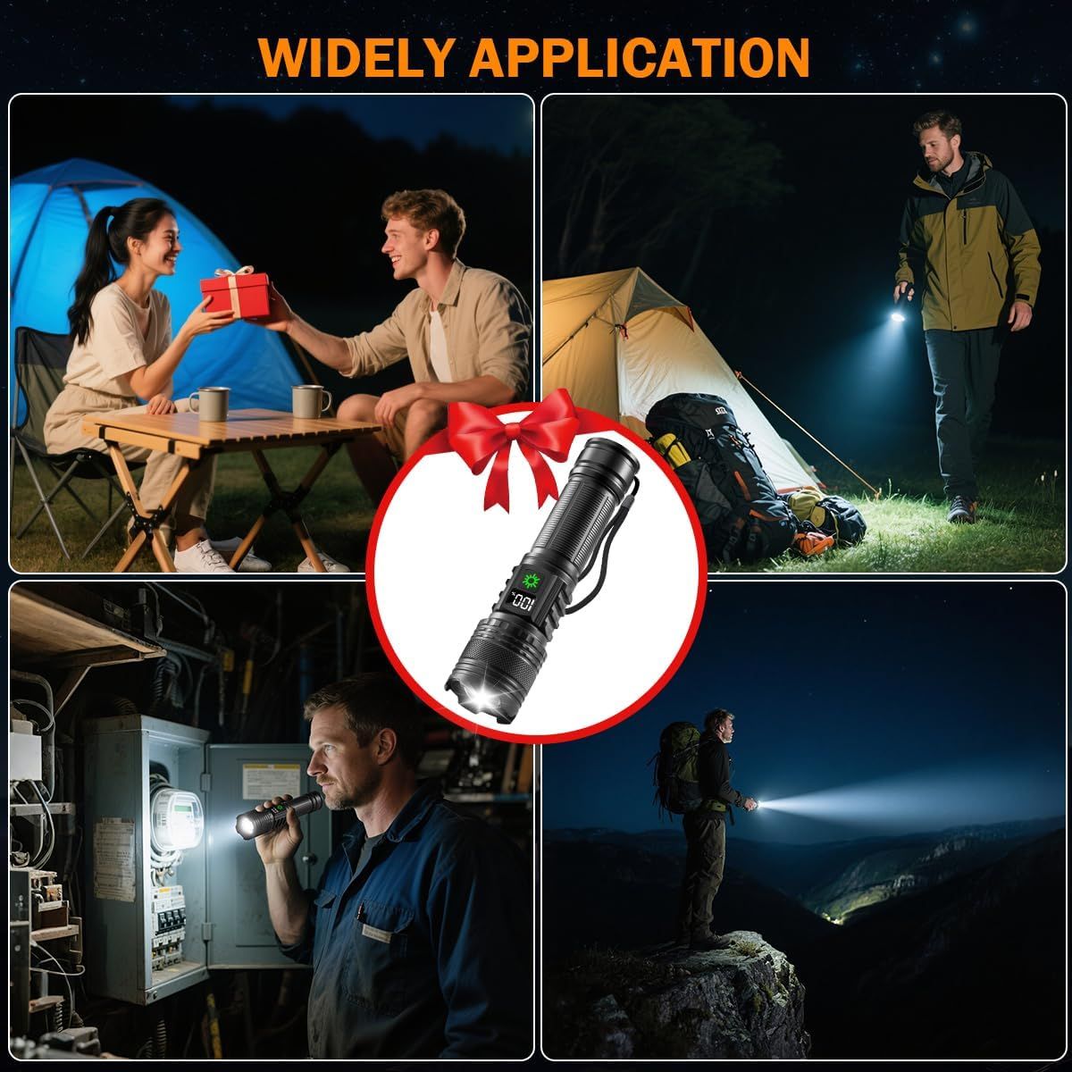 Demonstrates the flashlight's versatility across multiple real-world scenarios—camping, nighttime hiking, emergency work situations, and outdoor…