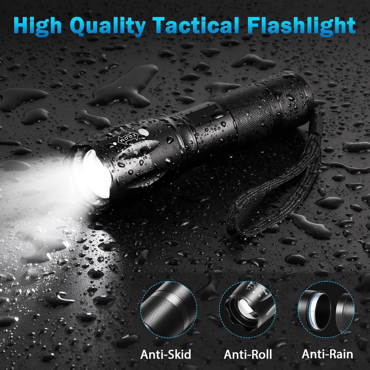 Communicates multiple durability and design benefits of the tactical flashlight through visually segmented callouts, reassuring shoppers that the product is…