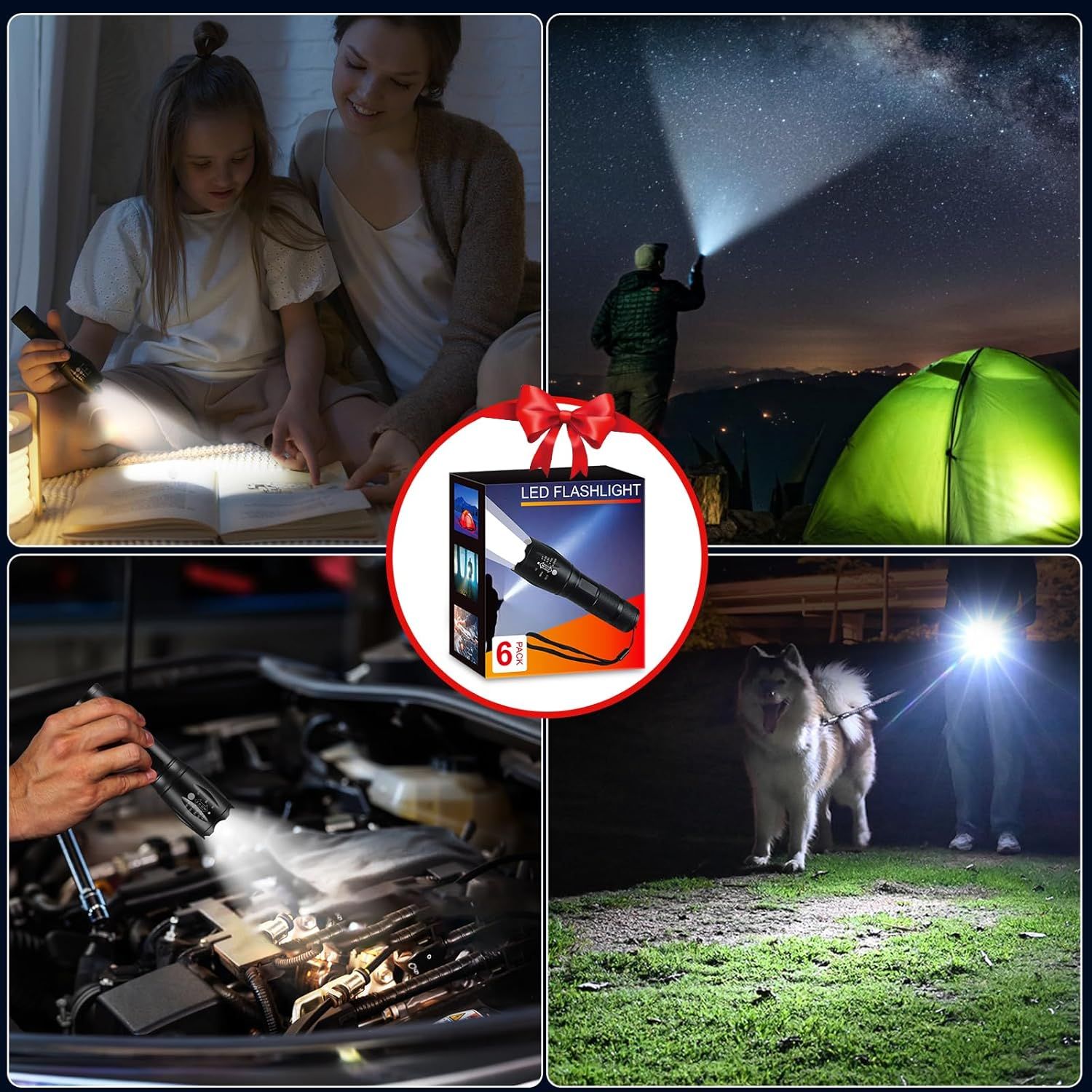 Demonstrates the versatility of the LED flashlight by showing it can be used in multiple real-world scenarios including reading at home, camping outdoors,…