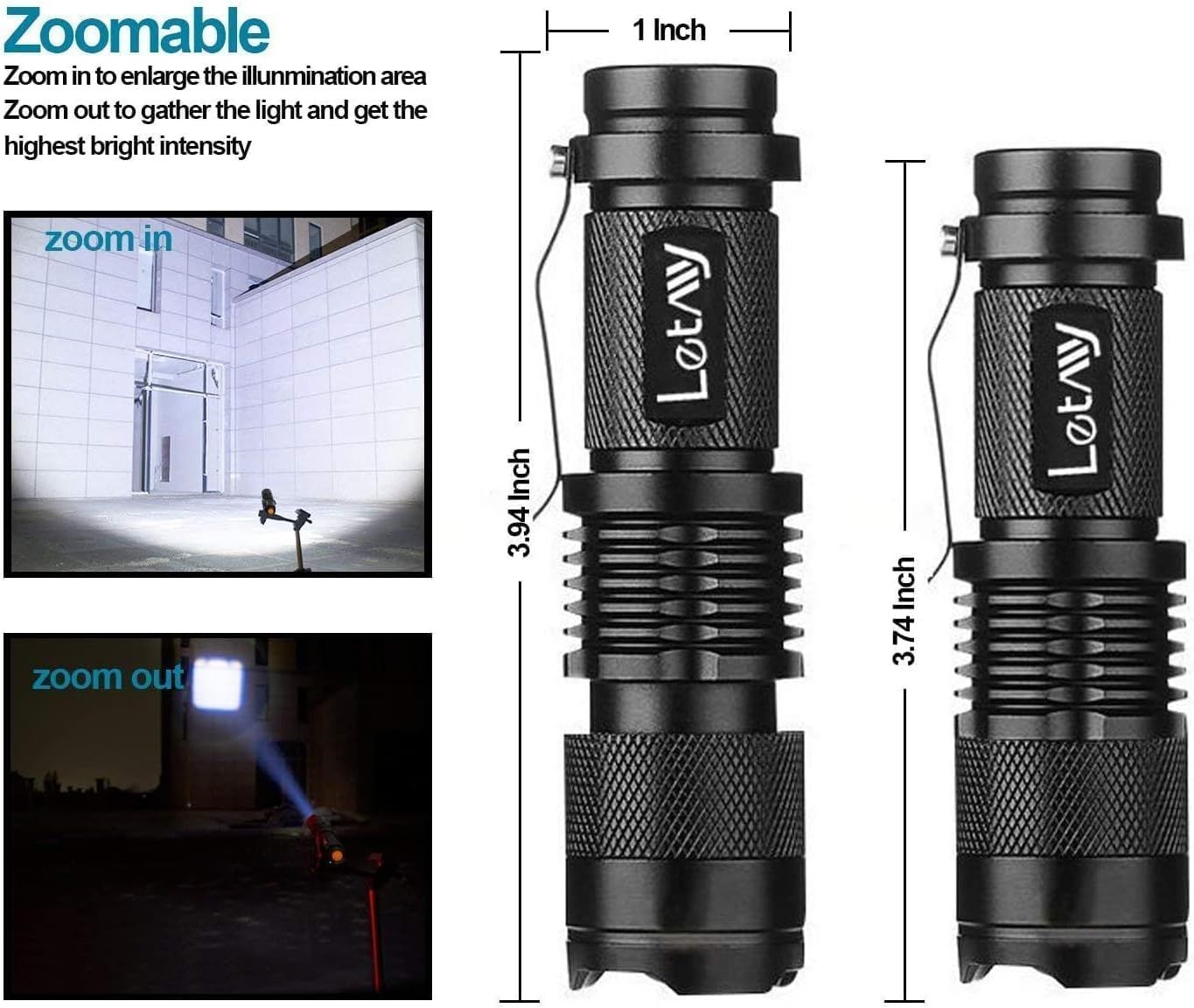 Shows the exact physical dimensions of the flashlight (3.94 inch and 3.74 inch) with measurement arrows to help shoppers understand the product's compact size. Demonstrates the flashlight's…