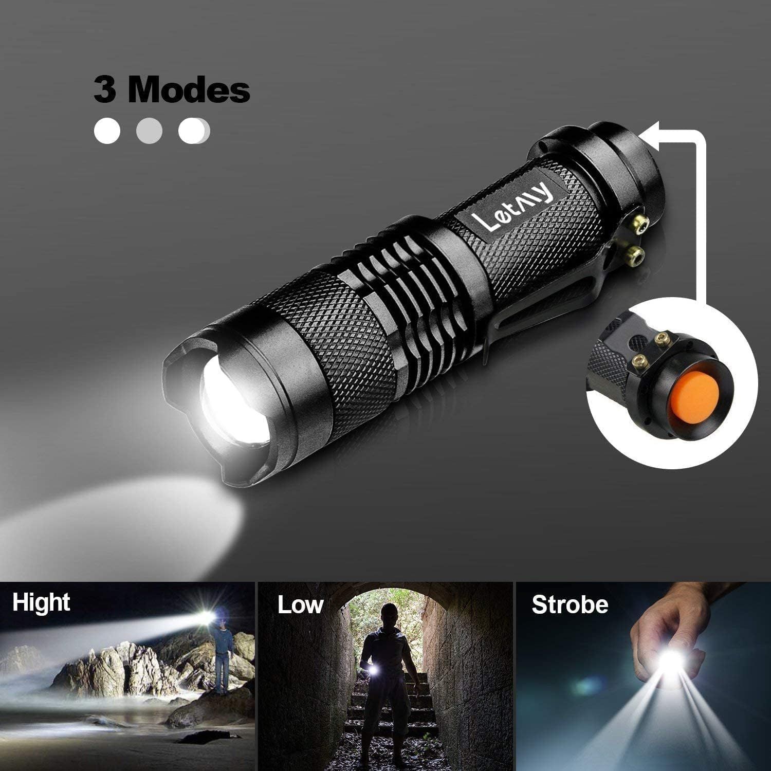 Demonstrates the flashlight's versatility with three distinct lighting modes (High, Low, Strobe) to reassure shoppers they can adapt the light intensity for…