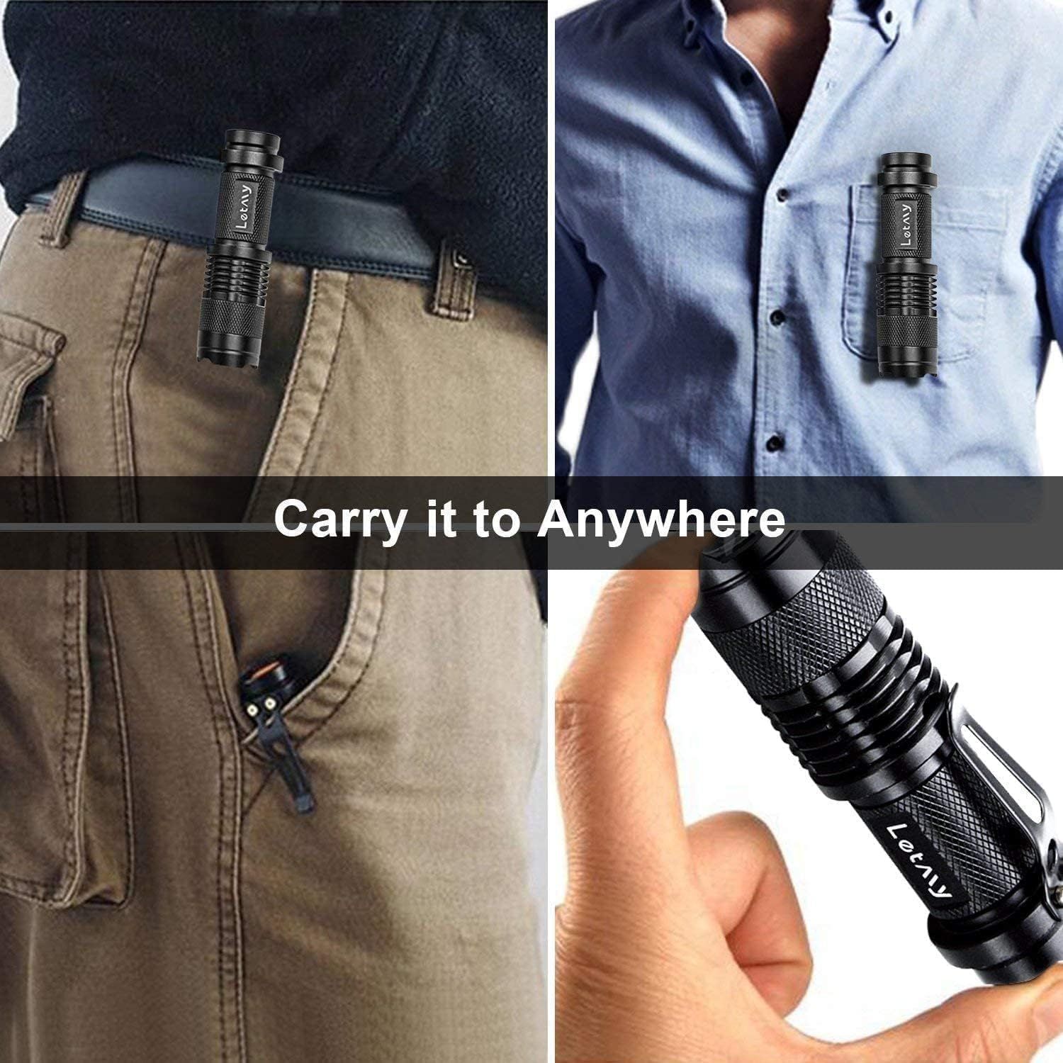 Demonstrates the flashlight's versatility by showing multiple ways to carry it—clipped to pants, shirt pocket, or held in hand—reassuring shoppers of its…