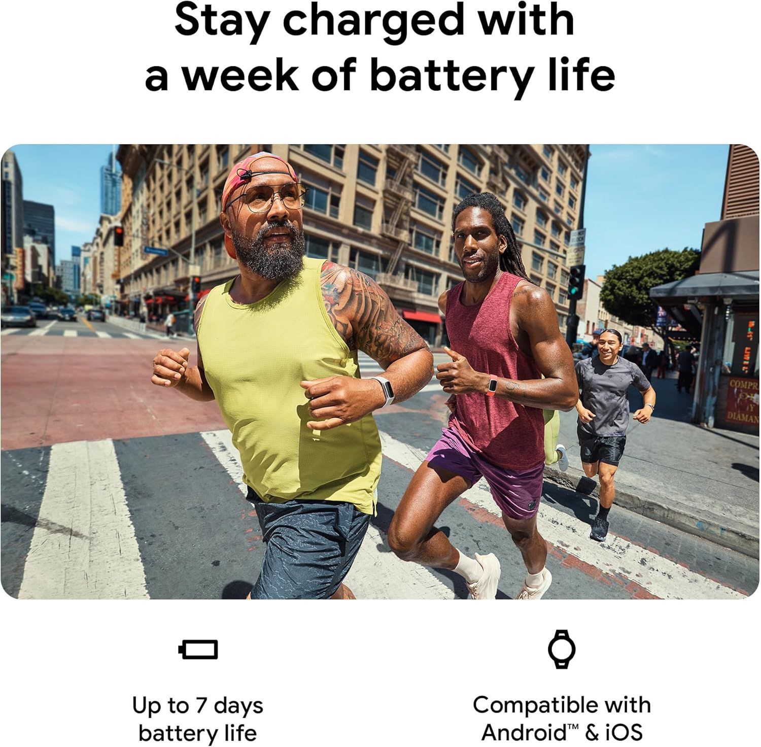 Communicates the product's impressive battery longevity to reassure shoppers they won't need frequent charging during active use. Highlights the key benefit of extended battery life in a lifestyle…