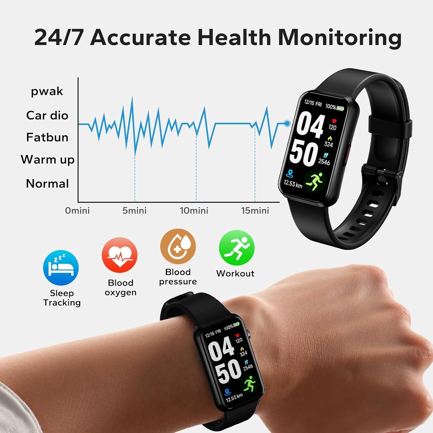 Showcases the smartwatch's comprehensive health monitoring capabilities across multiple distinct features (sleep, blood oxygen, blood pressure, workout…