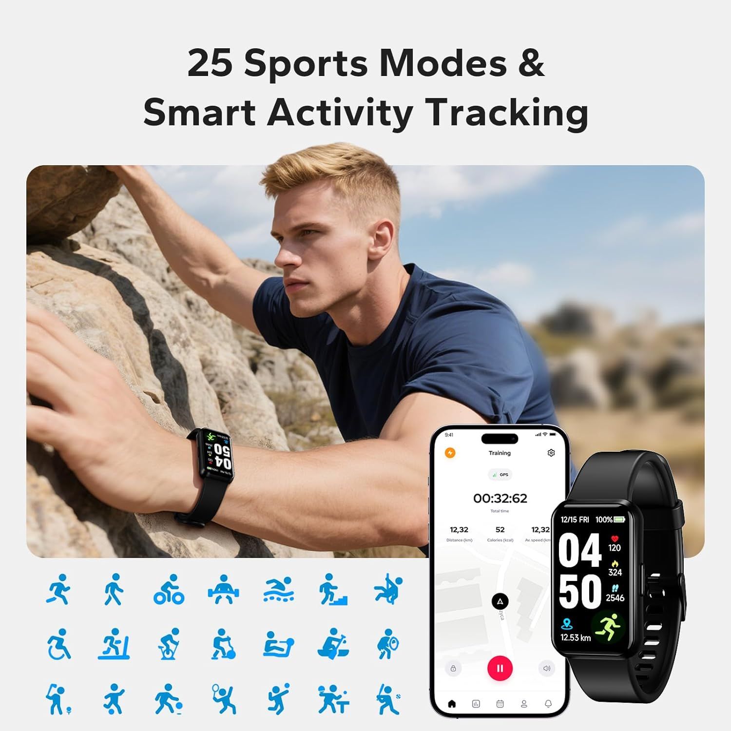 Demonstrates the product's versatility by showcasing 25 different sports and activity modes that the smartwatch can track, reassuring shoppers that it can…