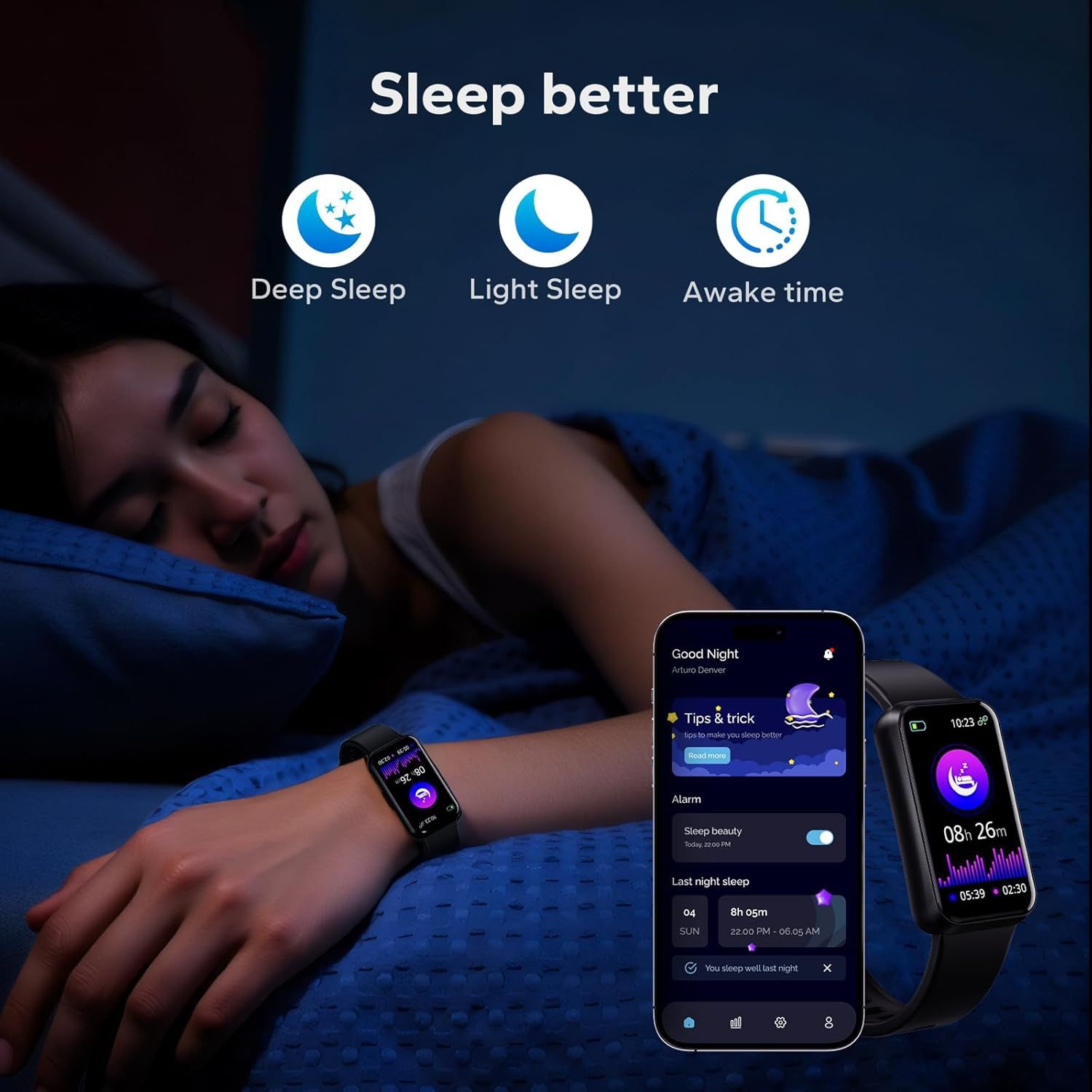 Demonstrates the product's comprehensive sleep tracking capabilities across multiple metrics (deep sleep, light sleep, awake time) to show shoppers how the…