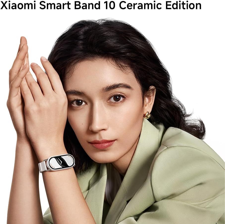 Showcases the Xiaomi Smart Band 10 Ceramic Edition in a real-world fashion context to emphasize its premium aesthetic and appeal as a stylish wearable…