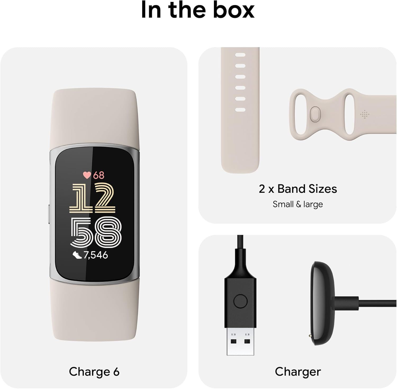 Shows the customer everything included in the purchase: the Charge 6 fitness tracker, two band sizes (small and large), and the charging cable, providing clarity on what to expect when unboxing.