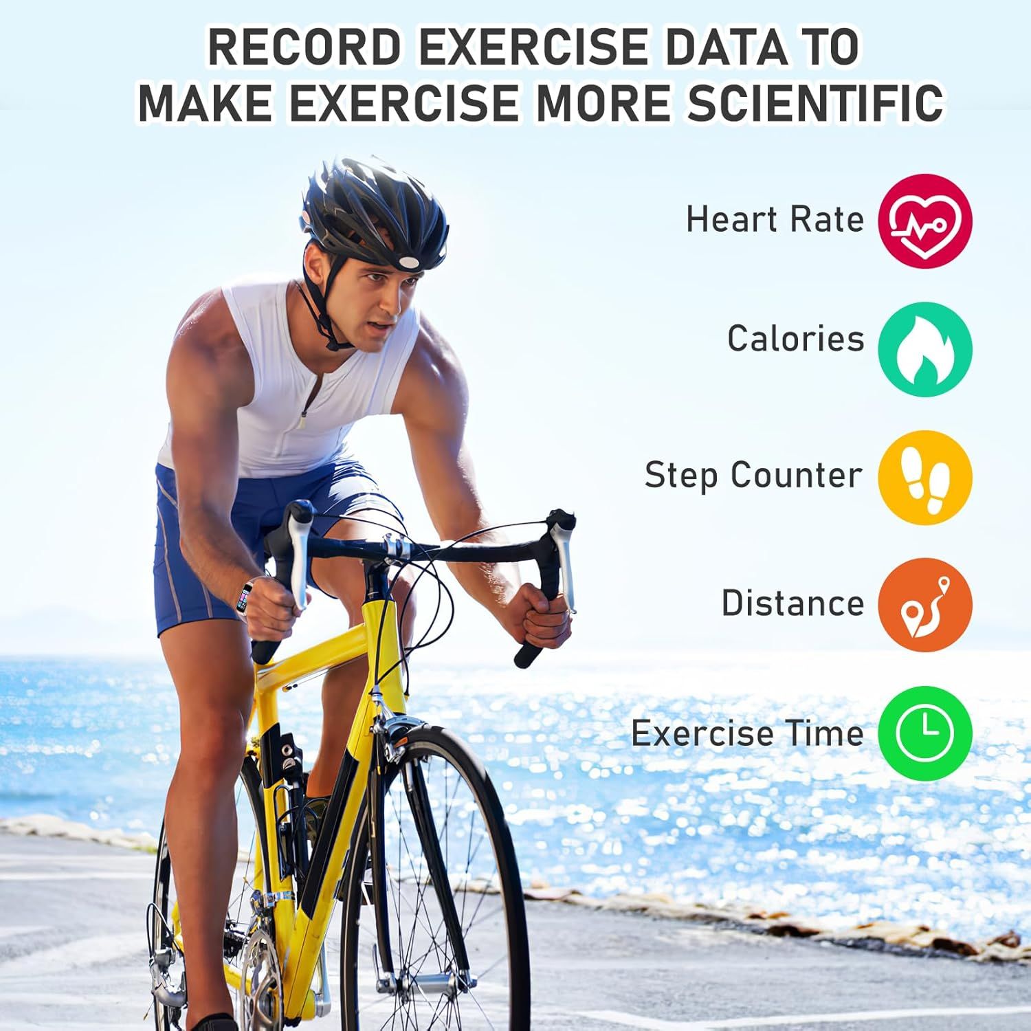 Communicates the product's comprehensive exercise data tracking capabilities to help shoppers understand they can monitor multiple fitness metrics…