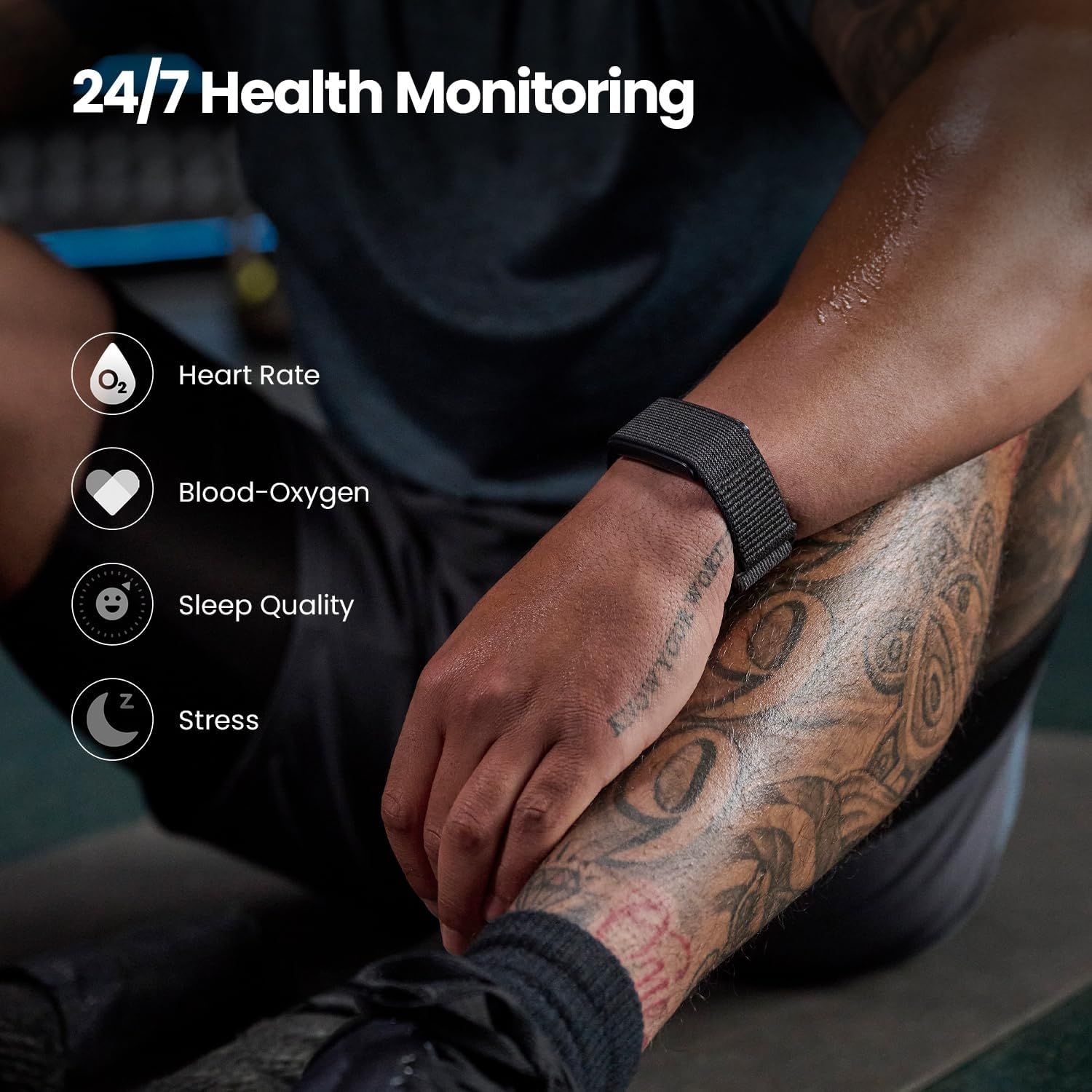 Communicates the comprehensive health tracking capabilities of the fitness tracker, showing shoppers that it monitors multiple vital health metrics around the…