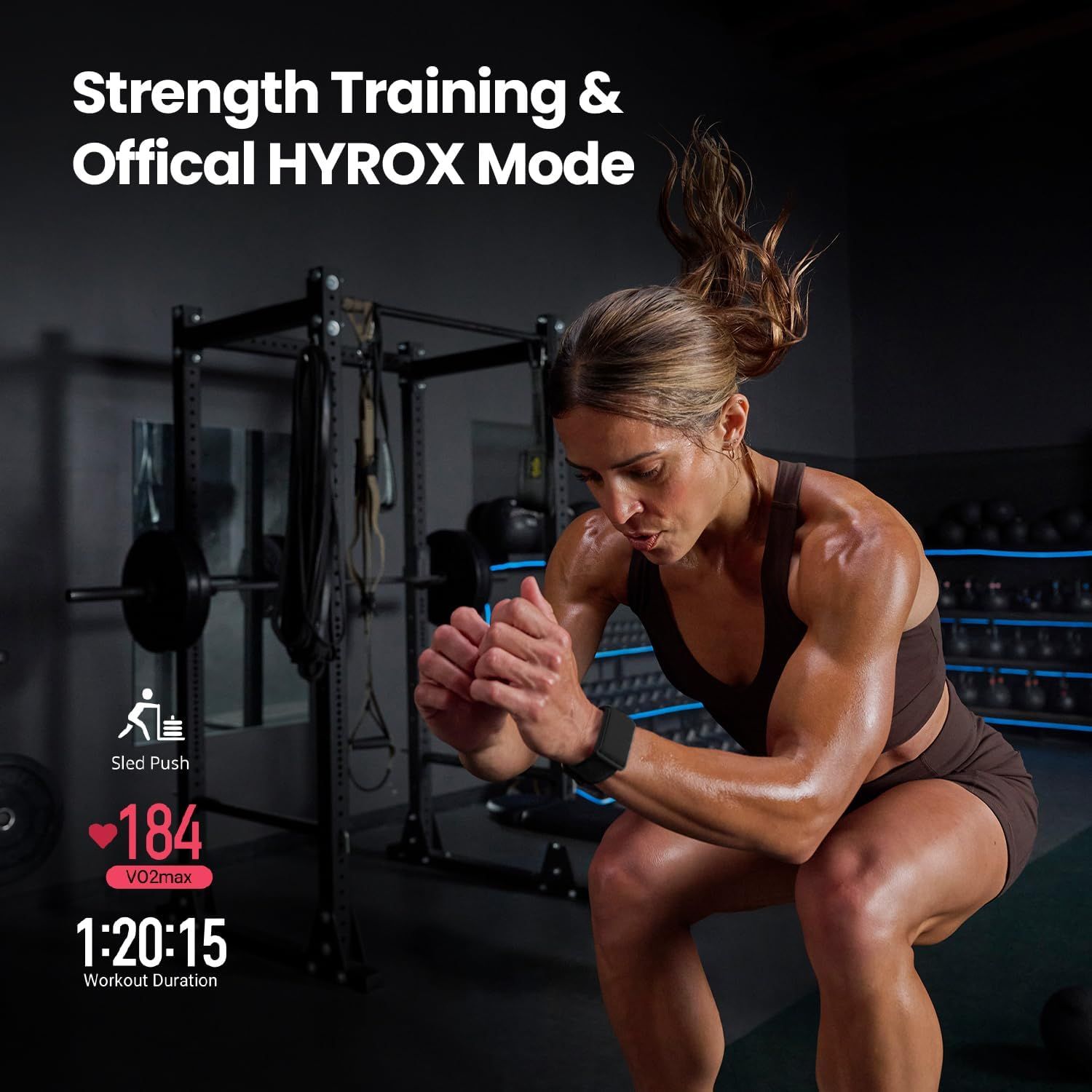 Demonstrates the product's use in a specific fitness application (strength training and HYROX mode), showing real-time workout metrics to communicate its…
