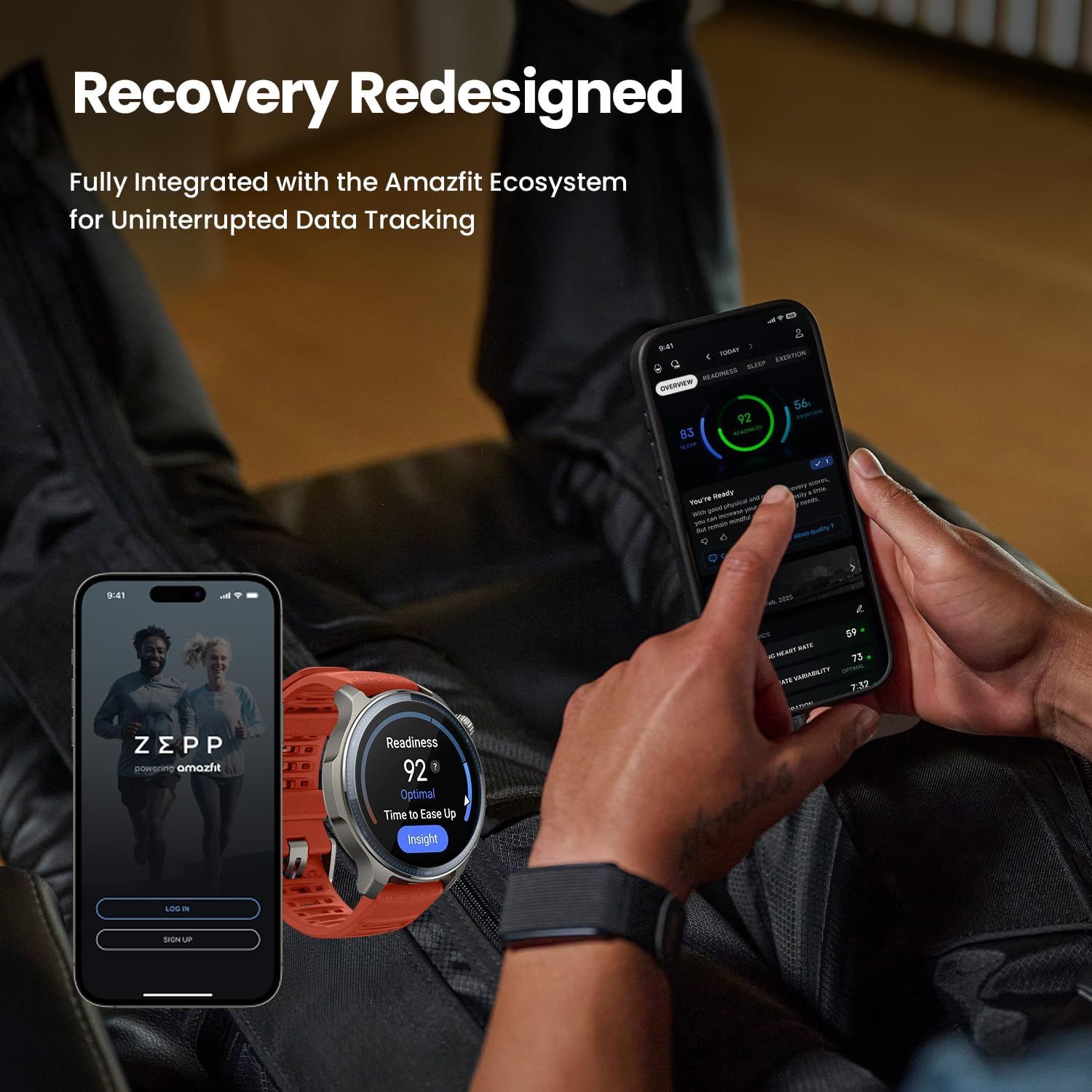 Demonstrates how the product integrates across multiple devices (smartwatch, smartphone, app ecosystem) to provide comprehensive fitness and recovery…