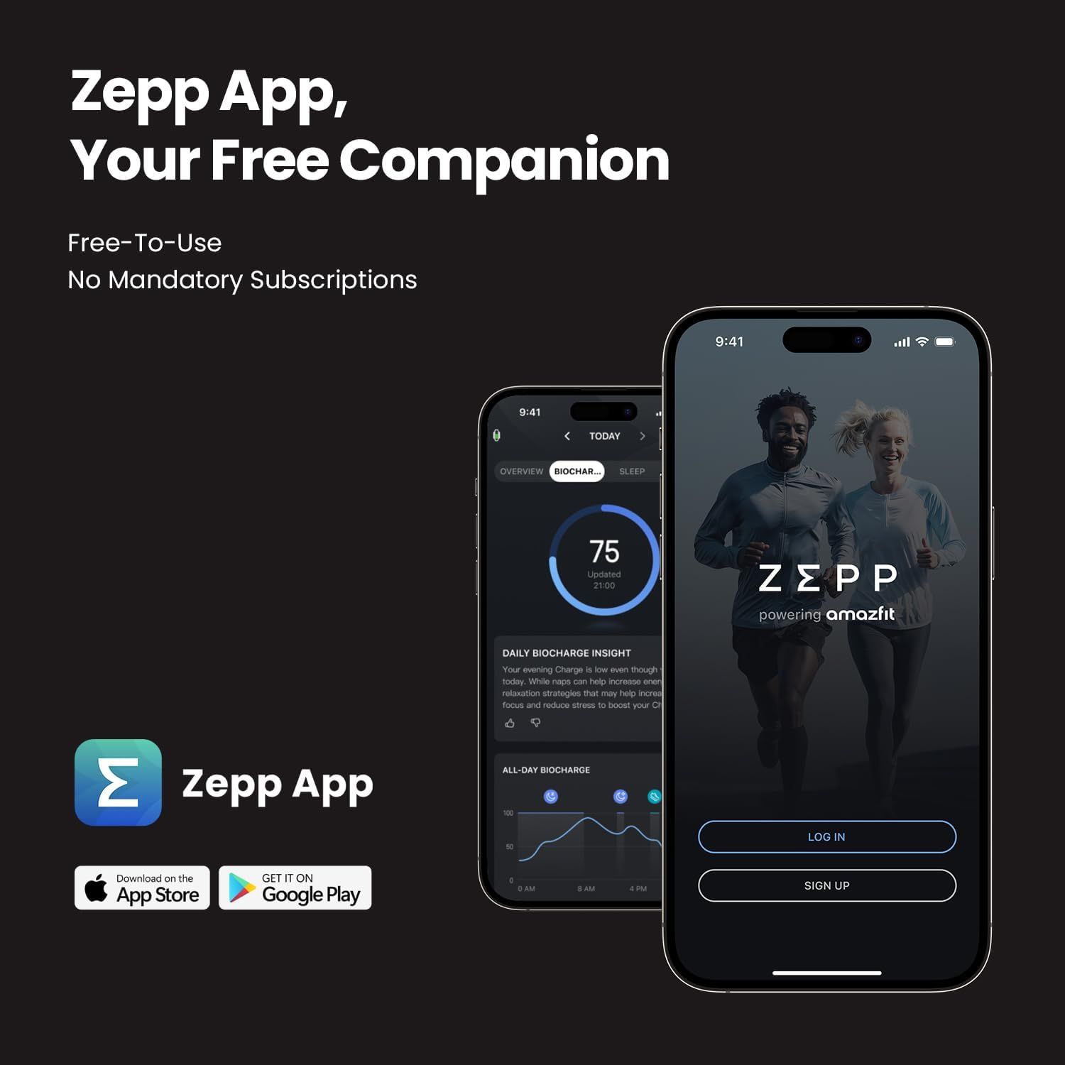 Communicates that the Zepp App is a free companion app with no mandatory subscriptions, and showcases the app interface to build brand awareness and encourage…