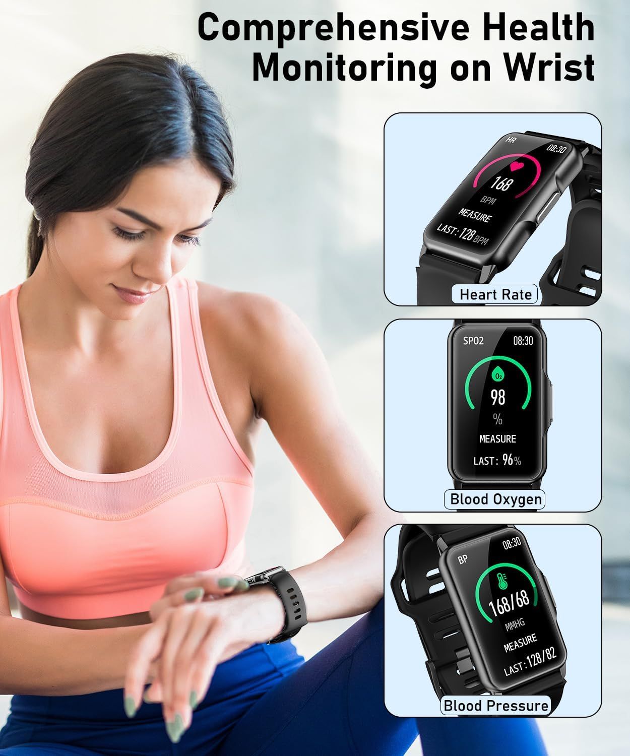 Demonstrates the smartwatch's comprehensive health monitoring capabilities by showcasing three distinct health metrics (heart rate, blood oxygen, and blood…